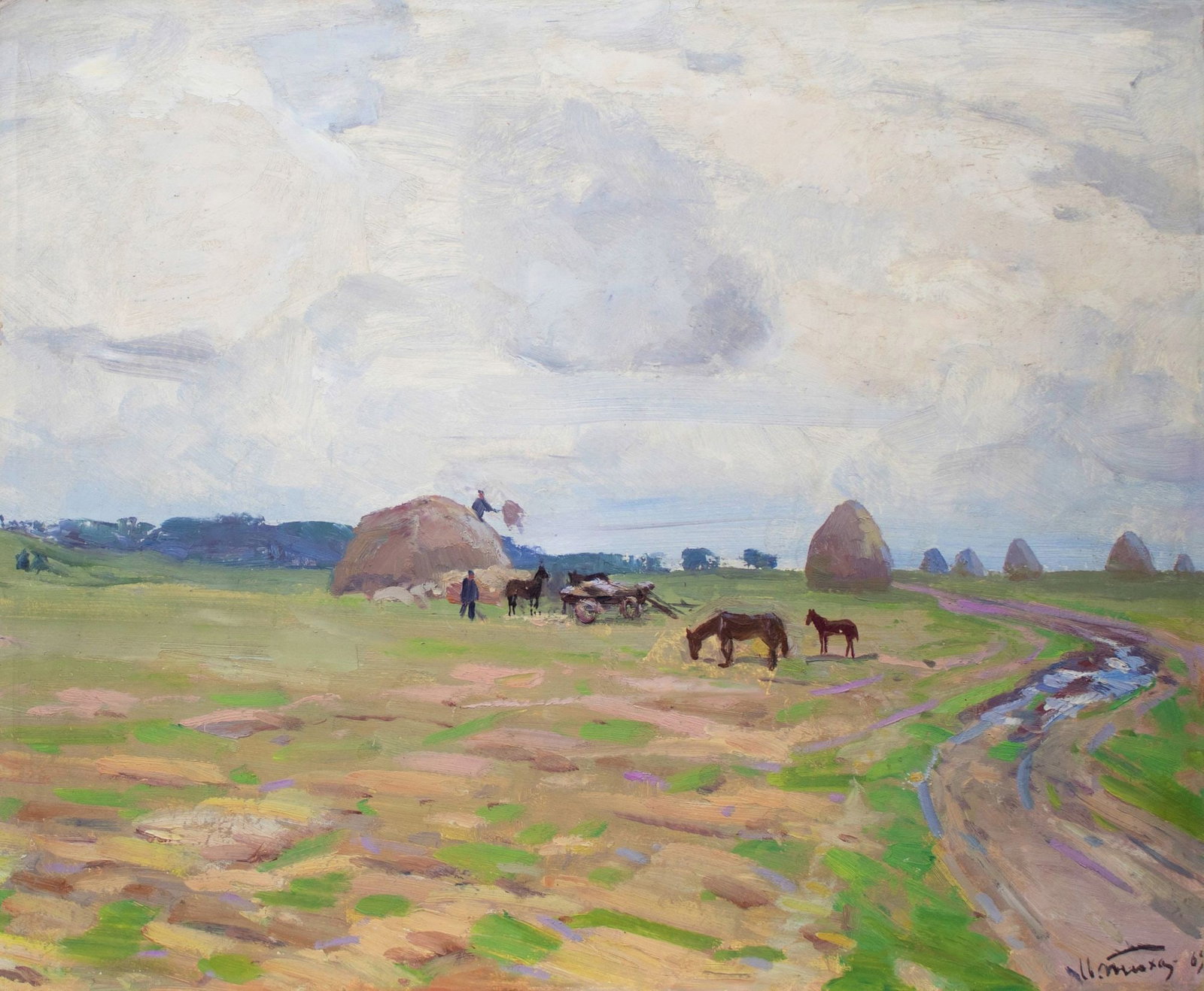 Tyukha Ivan (Ukrainian artist), "Meadow", oil on cardboard: Title: Tyukha Ivan (Ukrainian artist), "Meadow", oil on cardboard Description: ARTIST: Tyukha Ivan Andriyovich, Ukrainian artist TITLE: "Meadow" SIZE: 49 x 59 cm, (19 1/4 x 23 1/4 in.) MEDIUM: oil on