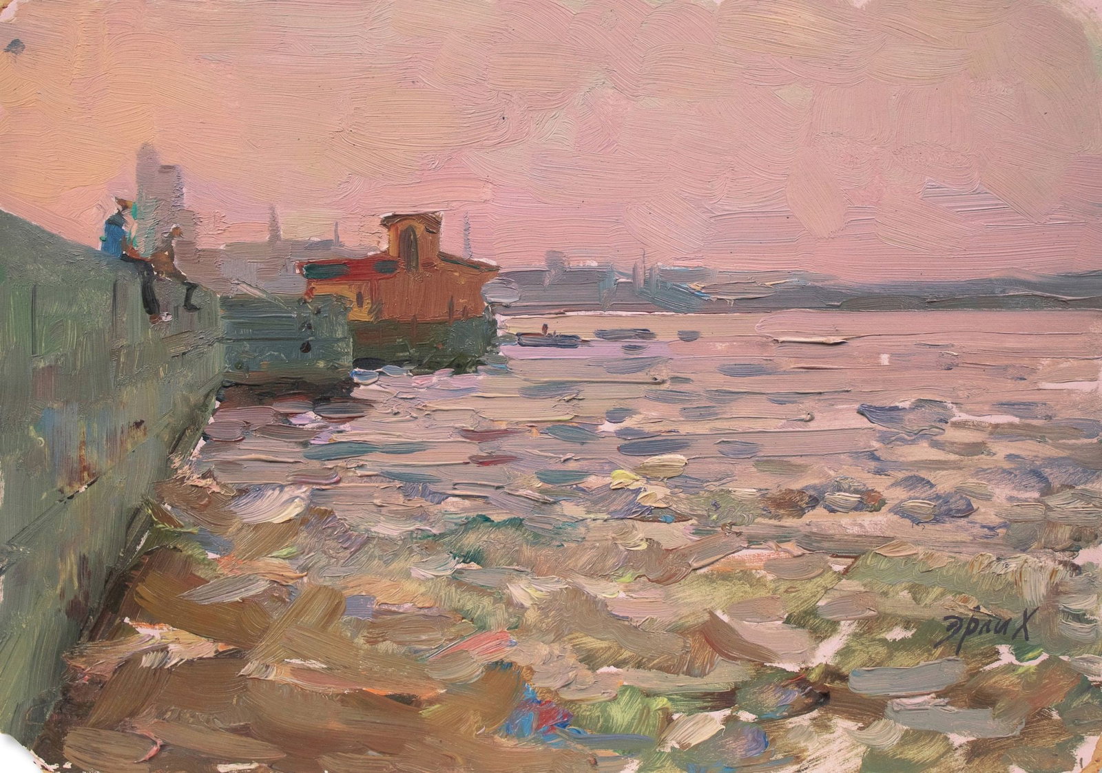 Erlih Volodymyr (Ukrainian artist), "Dnipro river embankment", oil on cardboard: Title: Erlih Volodymyr (Ukrainian artist), "Dnipro river embankment", oil on cardboard Description: ARTIST: Erlih Volodymyr Isaakovich, Ukrainian artist TITLE: "Dnipro river embankment" SIZE: 24 x 35