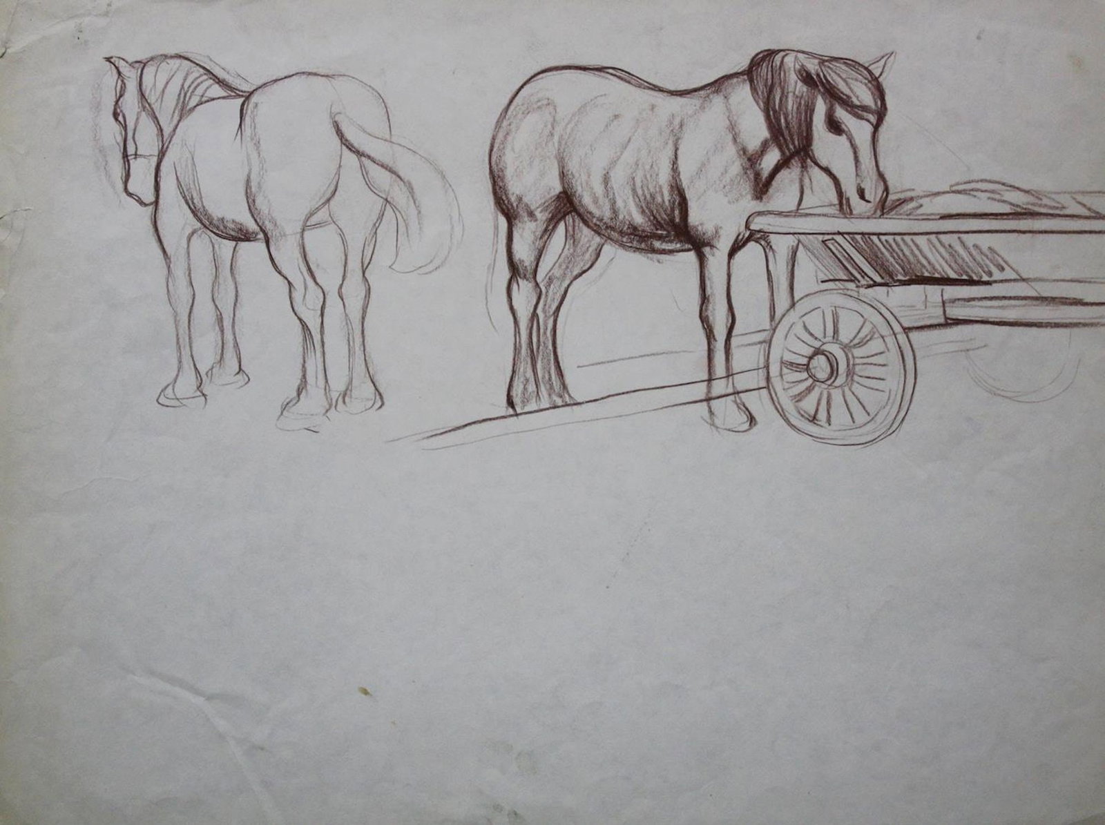 Mynka Olexandr (Ukrainian artist), "Horse near cart", sanguine on paper: Title: Mynka Olexandr (Ukrainian artist), "Horse near cart", sanguine on paper Description: ARTIST: Mynka Olexandr Fedorovich, Ukrainian artist TITLE: "Horse near cart" SIZE: 42 x 55 cm, (16 2/4 x 21 