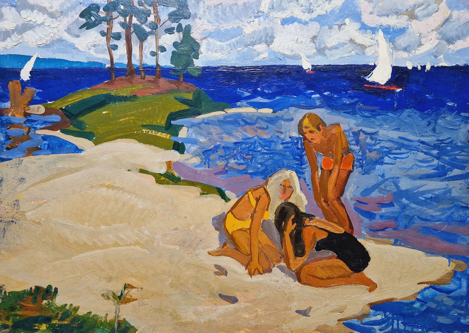 Yukhno-Gurevich Anna (Ukrainian artist), "Youth on vacation at the lake", oil on cardboard (1 of 3)