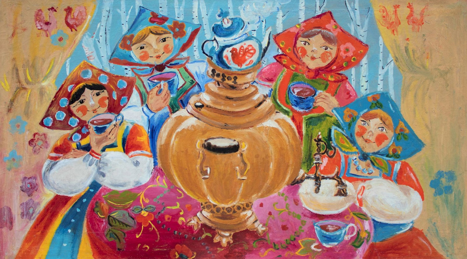 Mochalin Mykola (Ukrainian artist), "Tea party", oil on canvas: Title: Mochalin Mykola (Ukrainian artist), "Tea party", oil on canvas Description: ARTIST: Mochalin Mykola Mykhaylovich, Ukrainian artist TITLE: "Tea party" SIZE: 85 x 150 cm, (33 2/4 x 59 in.)