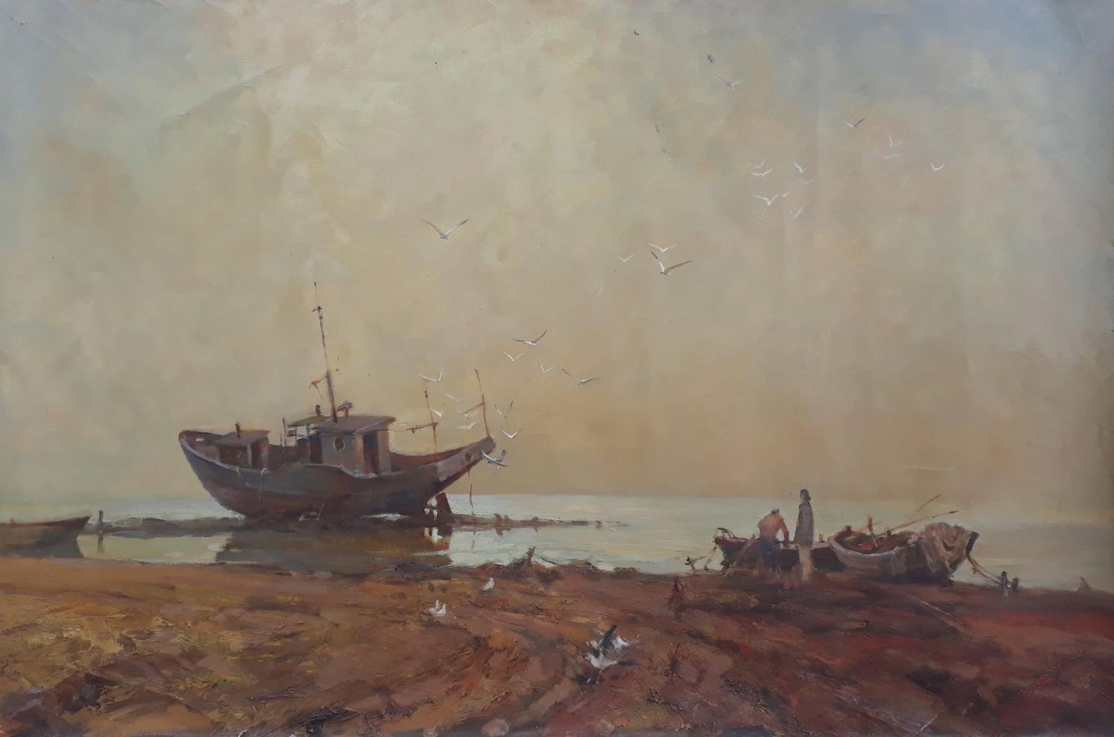 Rostovsky (Ukrainian artist), "Evening on the beach", oil on canvas: Title: Rostovsky (Ukrainian artist), "Evening on the beach", oil on canvas Description: ARTIST: Rostovsky V.V., TITLE: "Evening on the beach" SIZE: 150 x 190 cm, (59 x 74 3/4 in.) MEDIUM: oil on canva