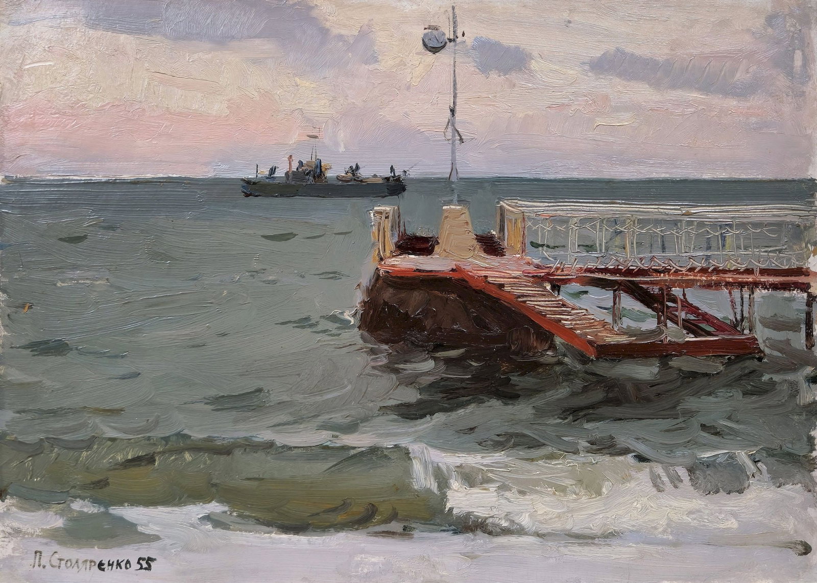 Stolyarenko Petro (Ukrainian artist), "Berth", oil on cardboard: Title: Stolyarenko Petro (Ukrainian artist), "Berth", oil on cardboard Description: ARTIST: Stolyarenko Petro Kuzmich, Ukrainian artist TITLE: "Berth" SIZE: 35 x 50 cm, (13 3/4 x 19 3/4 in.) MEDIUM: