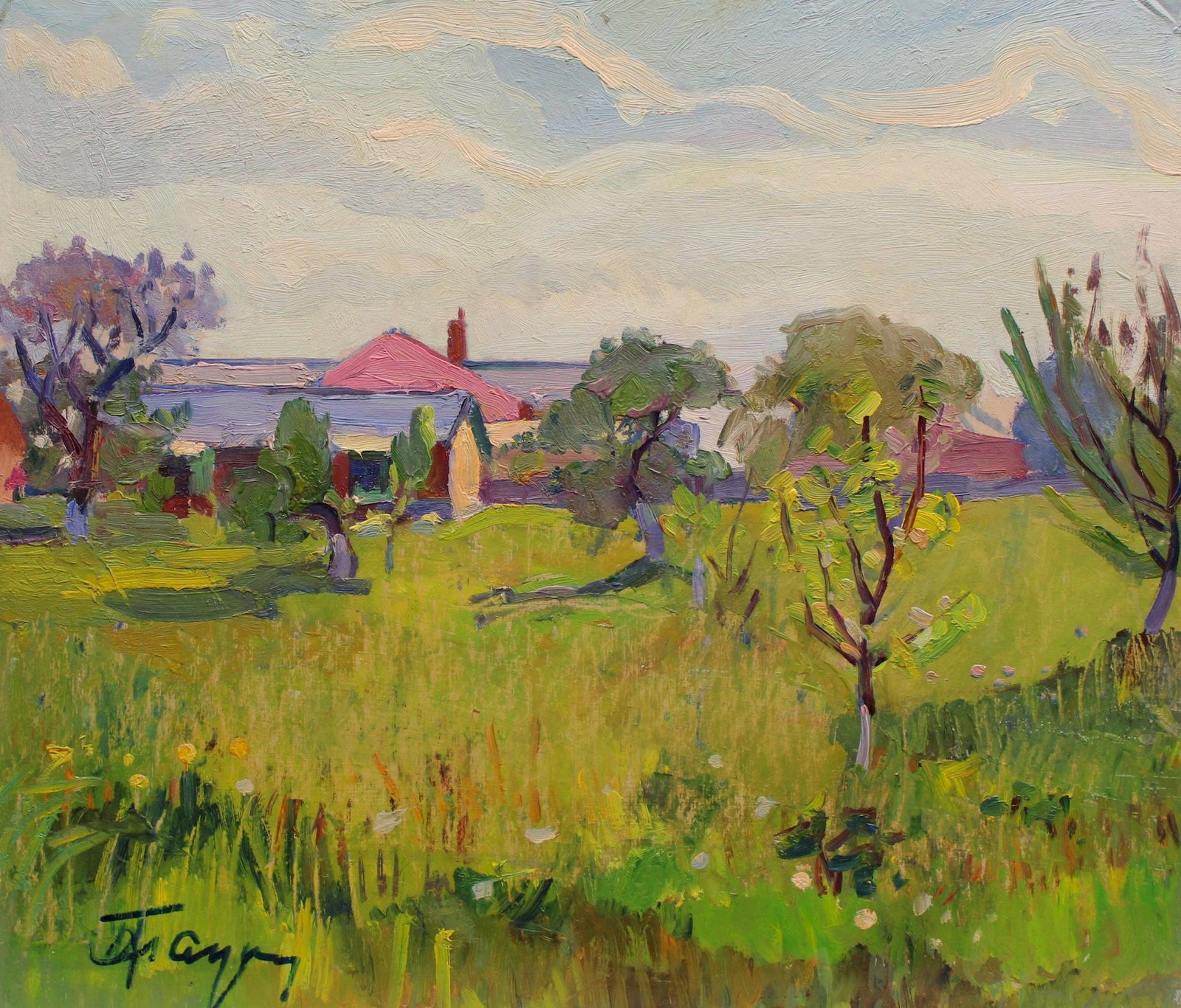 Hantman Moses (Ukrainian artist), "Sunset", oil on cardboard: Title: Hantman Moses (Ukrainian artist), "Sunset", oil on cardboard Description: ARTIST: Hantman Moses Faybovych, Ukrainian artist TITLE: "Sunset" SIZE: 39 x 44 cm, (15 1/4 x 17 1/4 in.) MEDIUM: oil o