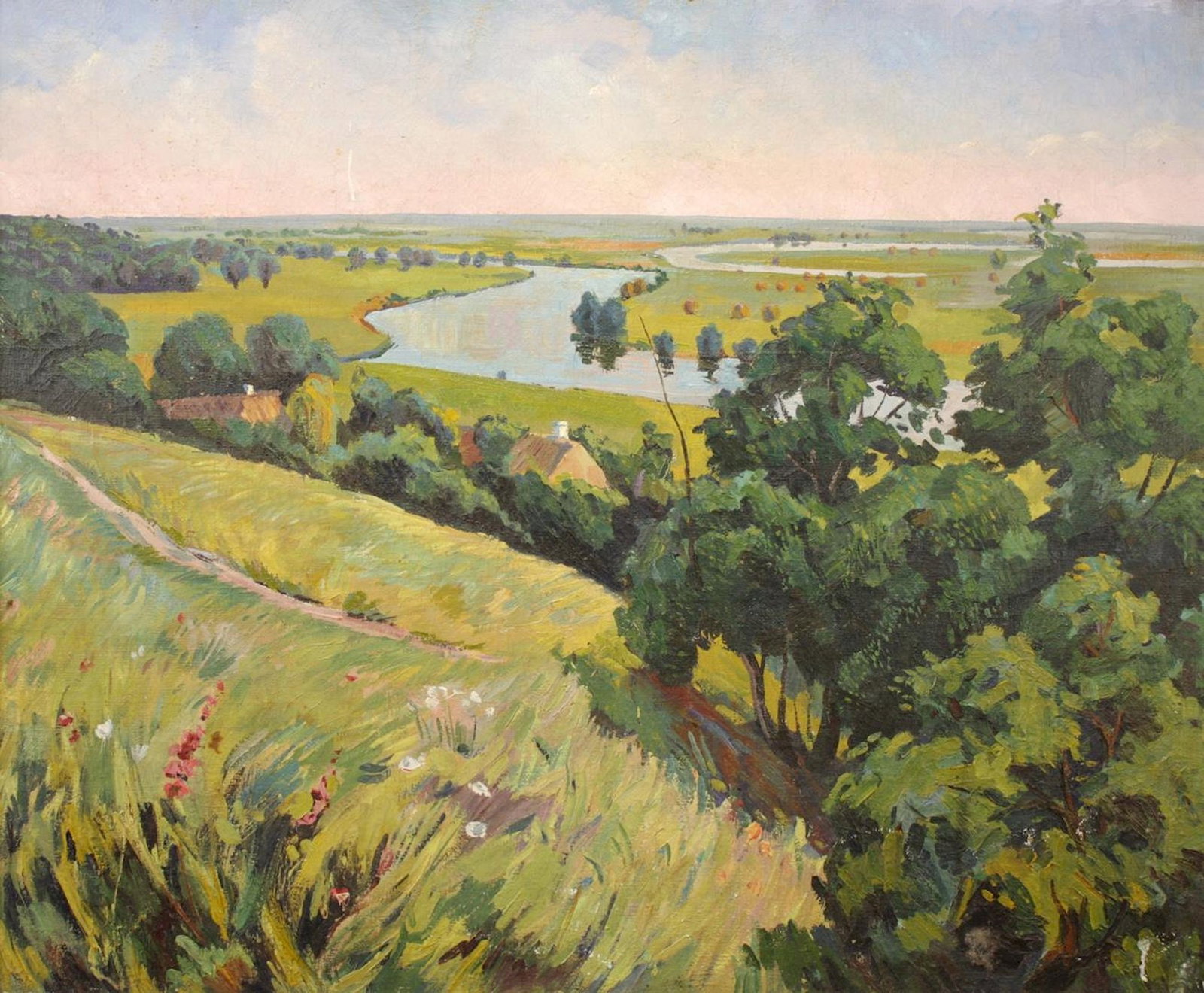 Unidentified (Ukrainian artist), "Above a river. Farm", oil on canvas: Title: Unidentified (Ukrainian artist), "Above a river. Farm", oil on canvas Description: ARTIST: Unidentified Artist TITLE: "Above a river. Farm" SIZE: 110 x 131 cm, (43 1/4 x 51 2/4 in.) MEDIUM: oil