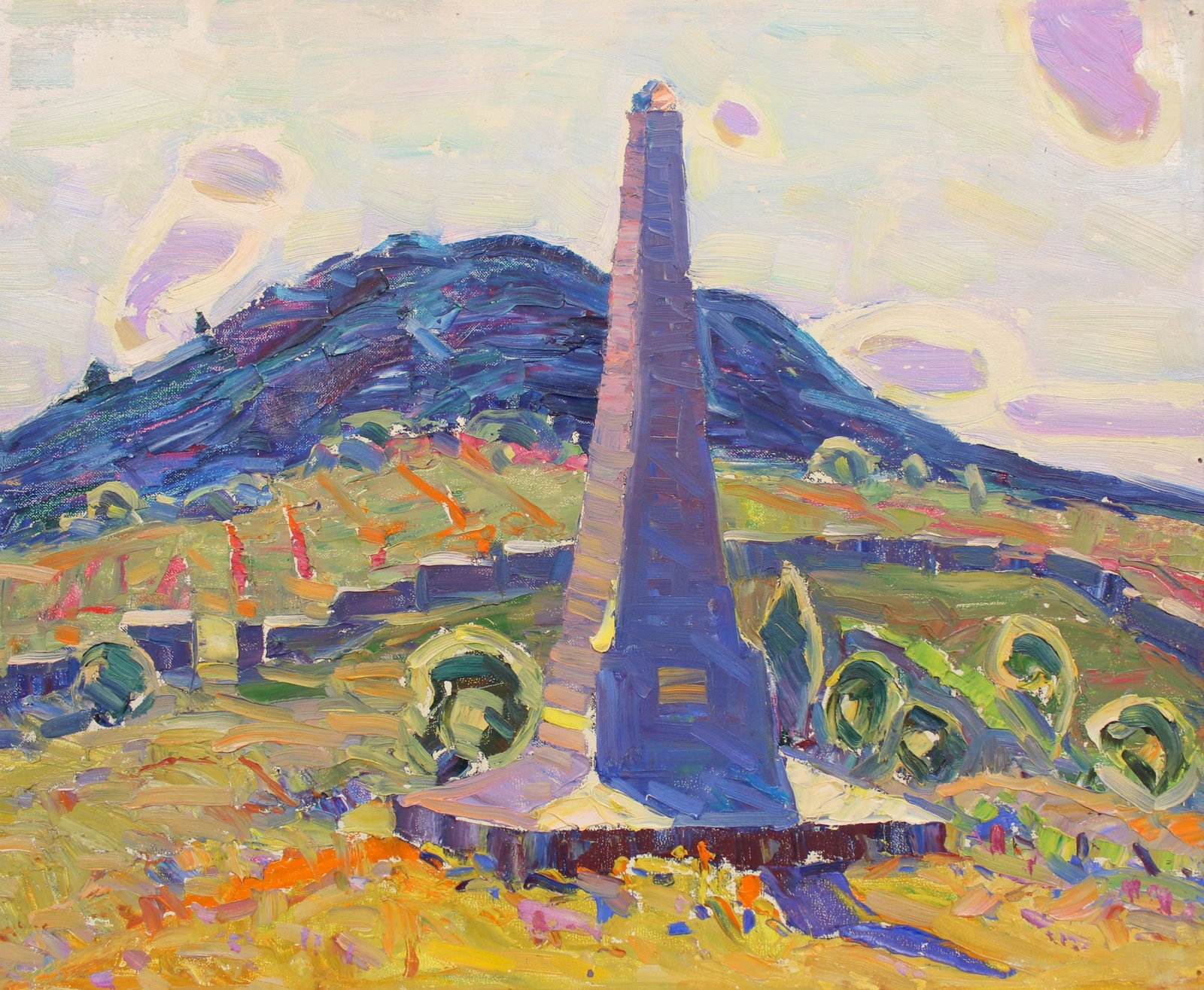Tyukha Ivan (Ukrainian artist), "Monument", oil on cardboard: Title: Tyukha Ivan (Ukrainian artist), "Monument", oil on cardboard Description: ARTIST: Tyukha Ivan Andriyovich, Ukrainian artist TITLE: "Monument" SIZE: 35 x 43 cm, (13 3/4 x 17 in.) MEDIUM: oil on