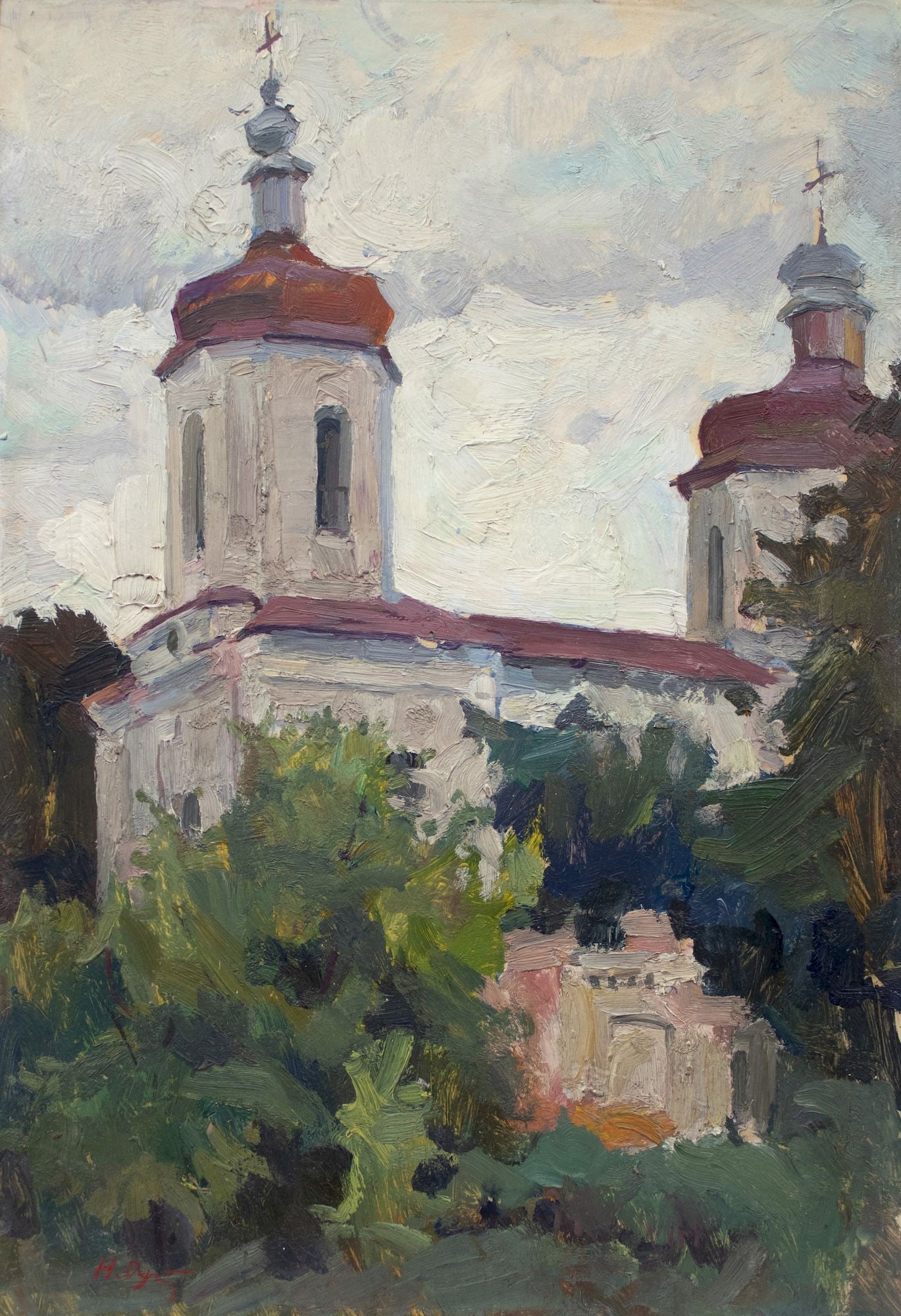 Dubina Mykola (Ukrainian artist), "Church", oil on cardboard: Title: Dubina Mykola (Ukrainian artist), "Church", oil on cardboard Description: ARTIST: Dubina Mykola Oleksyevich, Ukrainian artist TITLE: "Church" SIZE: 42 x 28 cm, (16 2/4 x 11 in.) MEDIUM: oil on 