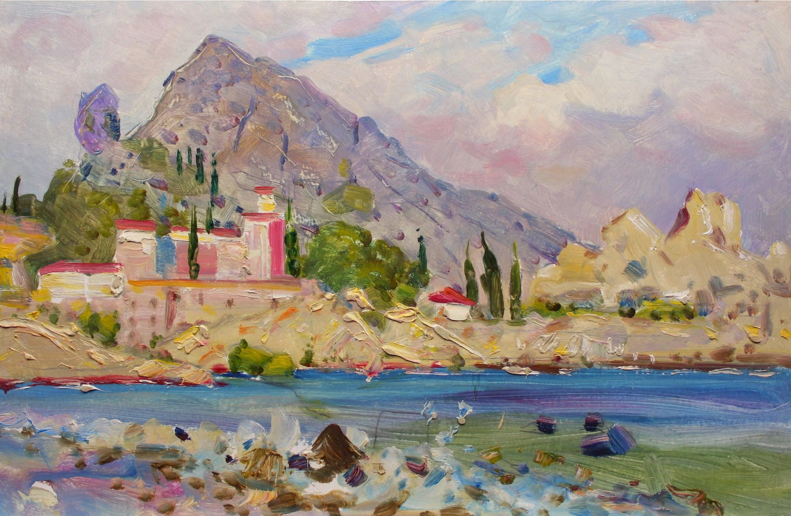 Tyukha Ivan (Ukrainian artist), "The resort town", oil on cardboard: Title: Tyukha Ivan (Ukrainian artist), "The resort town", oil on cardboard Description: ARTIST: Tyukha Ivan Andriyovich, Ukrainian artist TITLE: "The resort town" SIZE: 50 x 79 cm, (19 3/4 x 31 in.) M