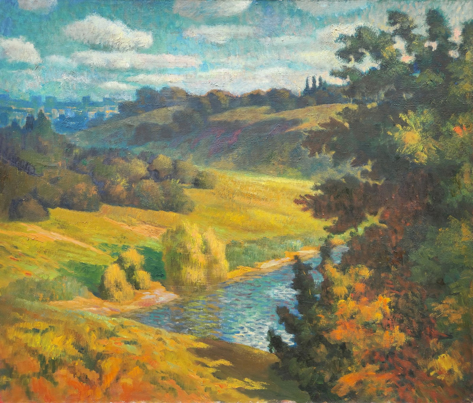 Orlikov Evgen (Ukrainian artist), "On the Oskol river", oil on canvas: Title: Orlikov Evgen (Ukrainian artist), "On the Oskol river", oil on canvas Description: ARTIST: Orlikov Evgen Yosipovich, Ukrainian artist TITLE: "On the Oskol river" SIZE: 110 x 130 cm, (43 1/4 x