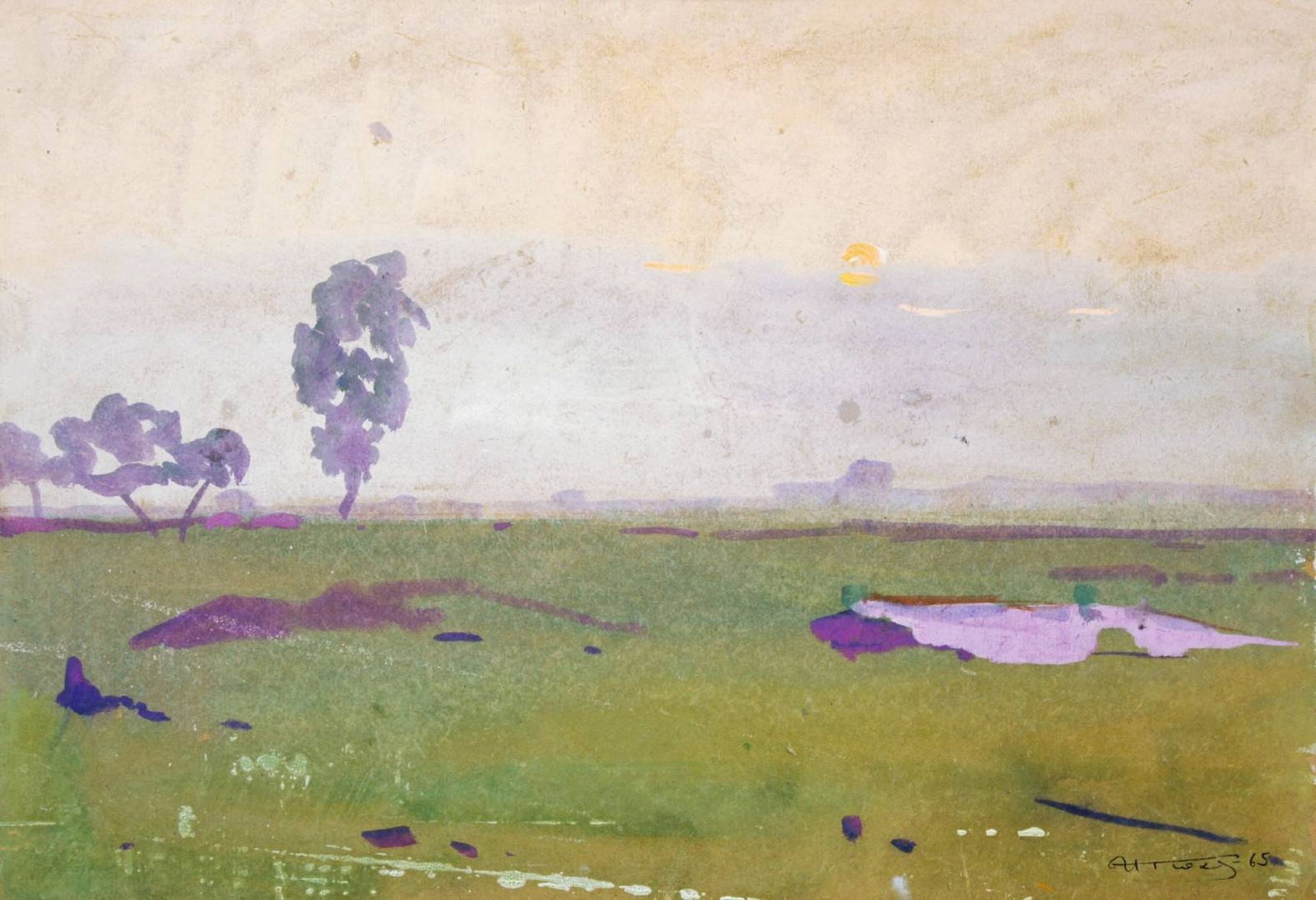 Tyukha Ivan (Ukrainian artist), "Fog in the field", watercolor on cardboard: Title: Tyukha Ivan (Ukrainian artist), "Fog in the field", watercolor on cardboard Description: ARTIST: Tyukha Ivan Andriyovich, Ukrainian artist TITLE: "Fog in the field" SIZE: 35 x 50 cm, (13 3/4 x 