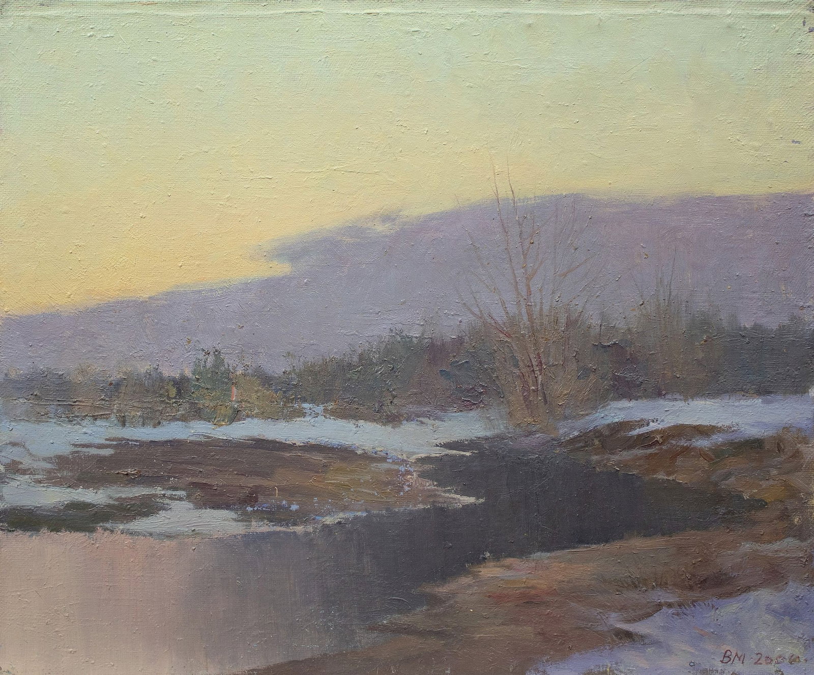 Mishnev Viktor (Ukrainian artist), "Thaw", oil on canvas: Title: Mishnev Viktor (Ukrainian artist), "Thaw", oil on canvas Description: ARTIST: Mishnev Viktor Pavlovich, Ukrainian artist TITLE: "Thaw" SIZE: 48 x 59 cm, (19 x 23 1/4 in.) MEDIUM: oil on canvas 