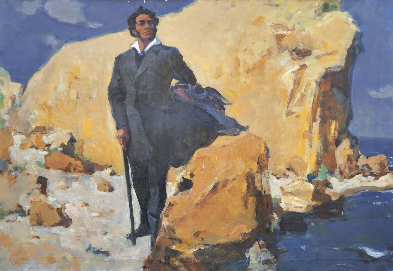 Unidentified (Ukrainian artist), "Pushkin at the sea", oil on canvas: Title: Unidentified (Ukrainian artist), "Pushkin at the sea", oil on canvas Description: ARTIST: Unidentified Artist TITLE: "Pushkin at the sea" SIZE: 104 x 148 cm, (41 x 58 1/4 in.) MEDIUM: oil on ca