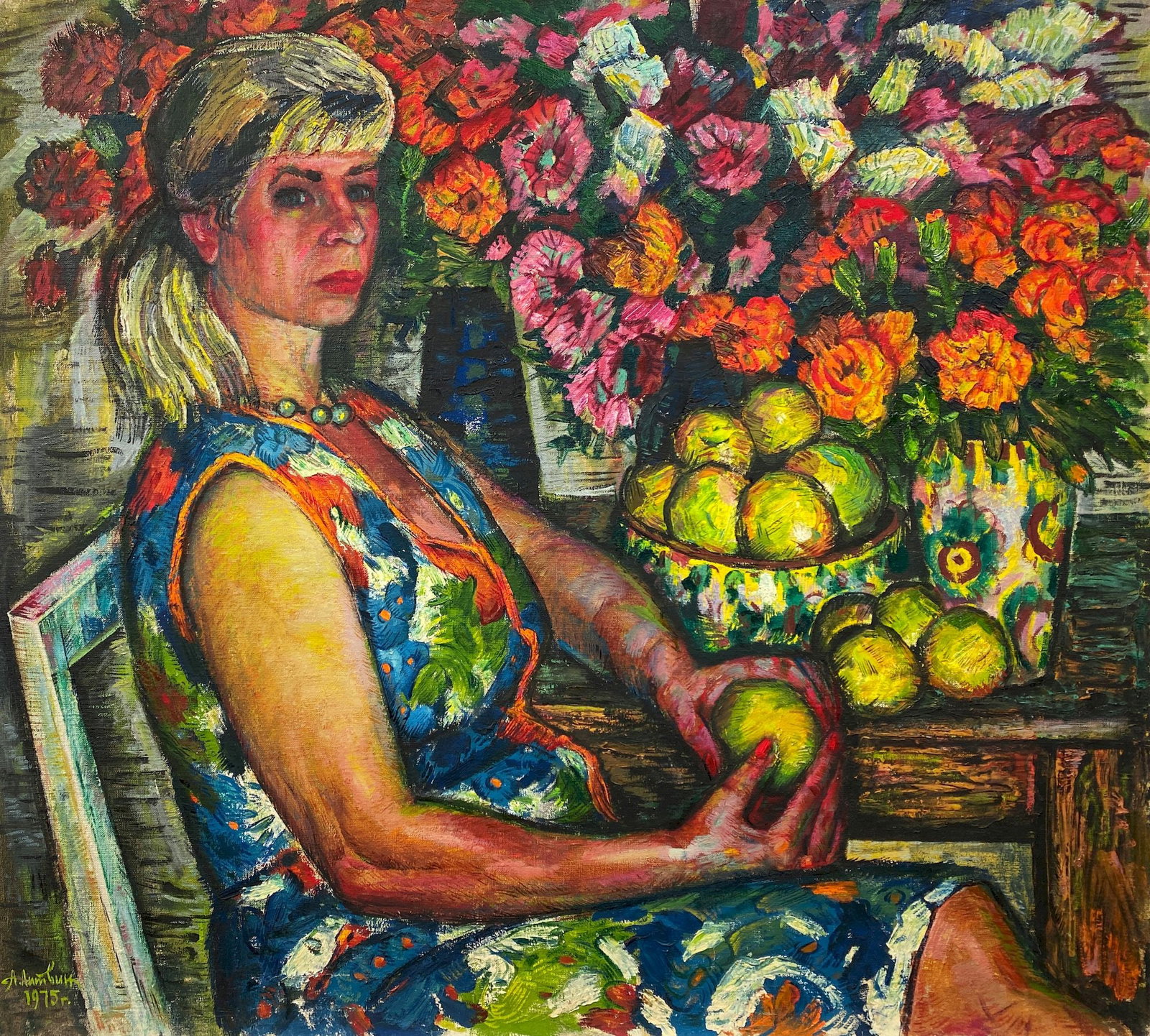 Litvinov Oleksiy (Ukrainian artist), "Portrait among flowers", oil on canvas: Title: Litvinov Oleksiy (Ukrainian artist), "Portrait among flowers", oil on canvas Description: ARTIST: Litvinov Oleksiy Grygorovich, Ukrainian artist TITLE: "Portrait among flowers" SIZE: 90 x 99