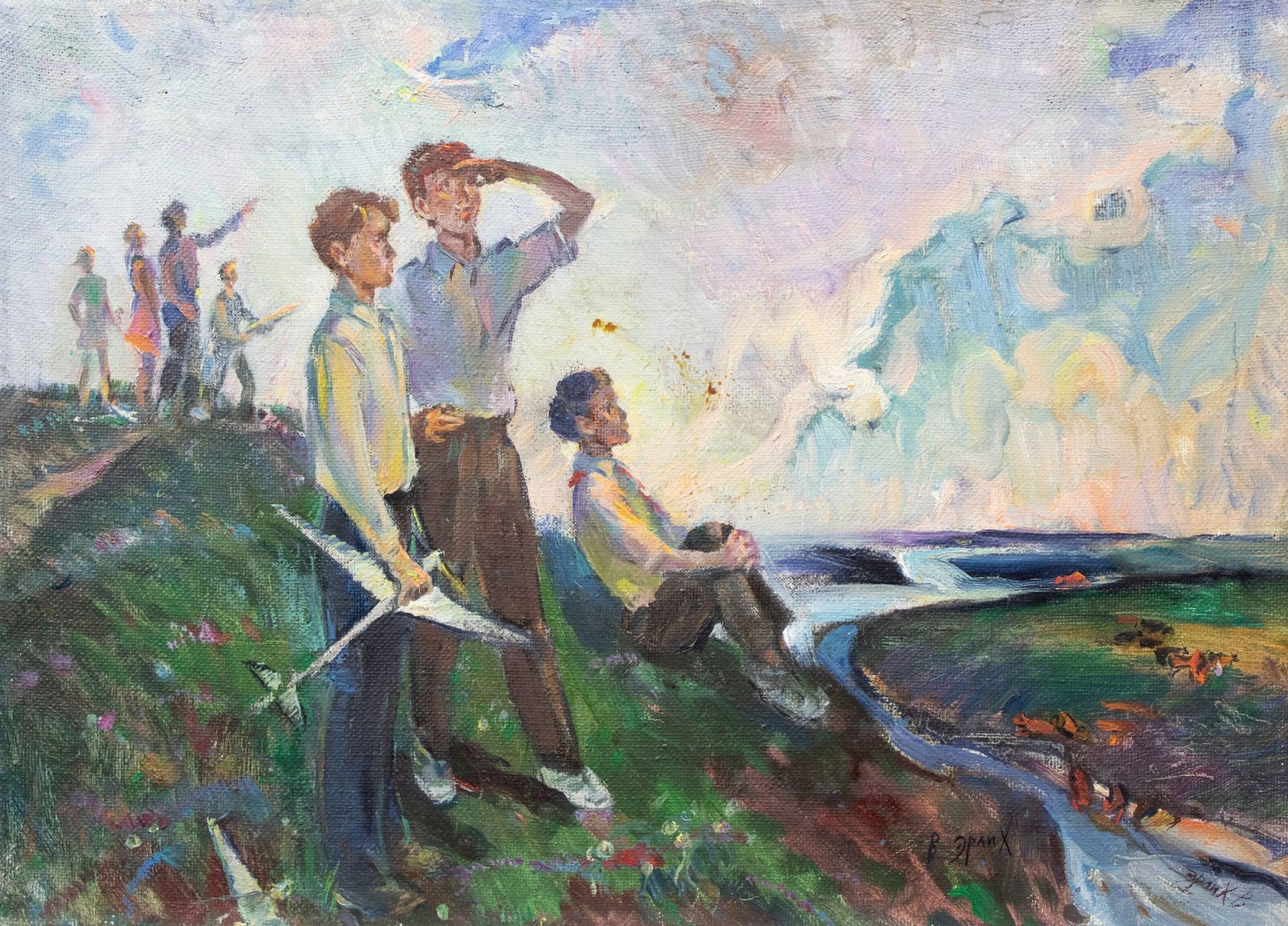 Erlih Volodymyr (Ukrainian artist), "Youth", oil on canvas: Title: Erlih Volodymyr (Ukrainian artist), "Youth", oil on canvas Description: ARTIST: Erlih Volodymyr Isaakovich, Ukrainian artist TITLE: "Youth" SIZE: 42 x 58 cm, (16 2/4 x 22 3/4 in.) MEDIUM: oil