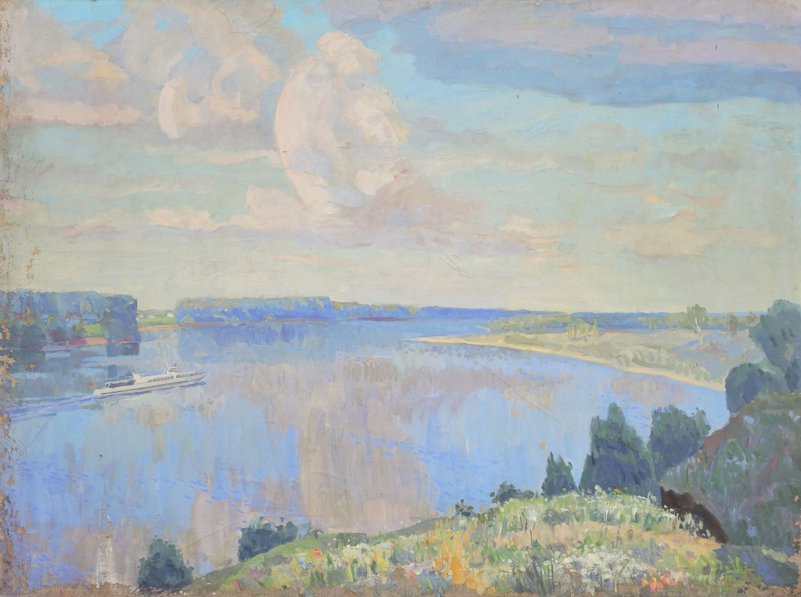Unidentified (Ukrainian artist), "Wide river", oil on canvas: Title: Unidentified (Ukrainian artist), "Wide river", oil on canvas Description: ARTIST: Unidentified Artist TITLE: "Wide river" SIZE: 140 x 187 cm, (55 x 73 2/4 in.) MEDIUM: oil on canvas YEAR OF CRE