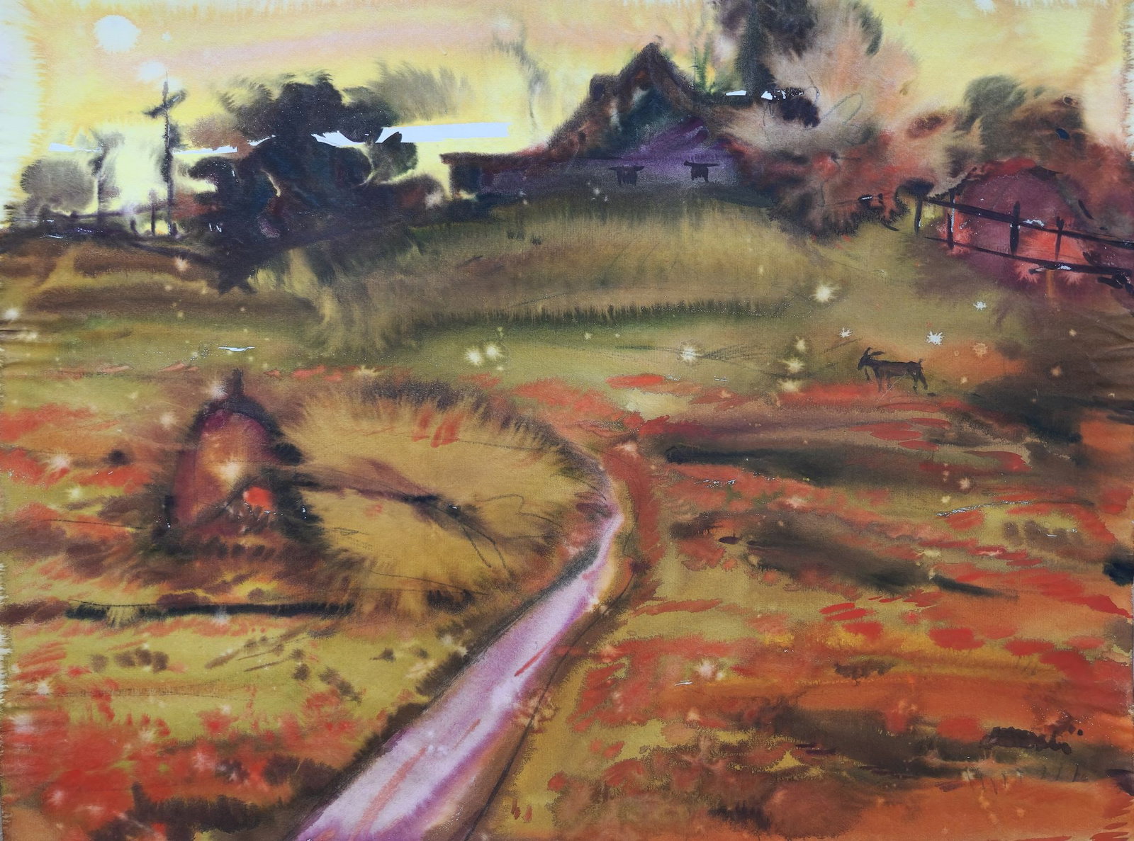 Mynka Olexandr (Ukrainian artist), "Yellow Sunset", watercolor on paper: Title: Mynka Olexandr (Ukrainian artist), "Yellow Sunset", watercolor on paper Description: ARTIST: Mynka Olexandr Fedorovich, Ukrainian artist TITLE: "Yellow Sunset" SIZE: 48 x 63 cm, (19 x 24 3/4