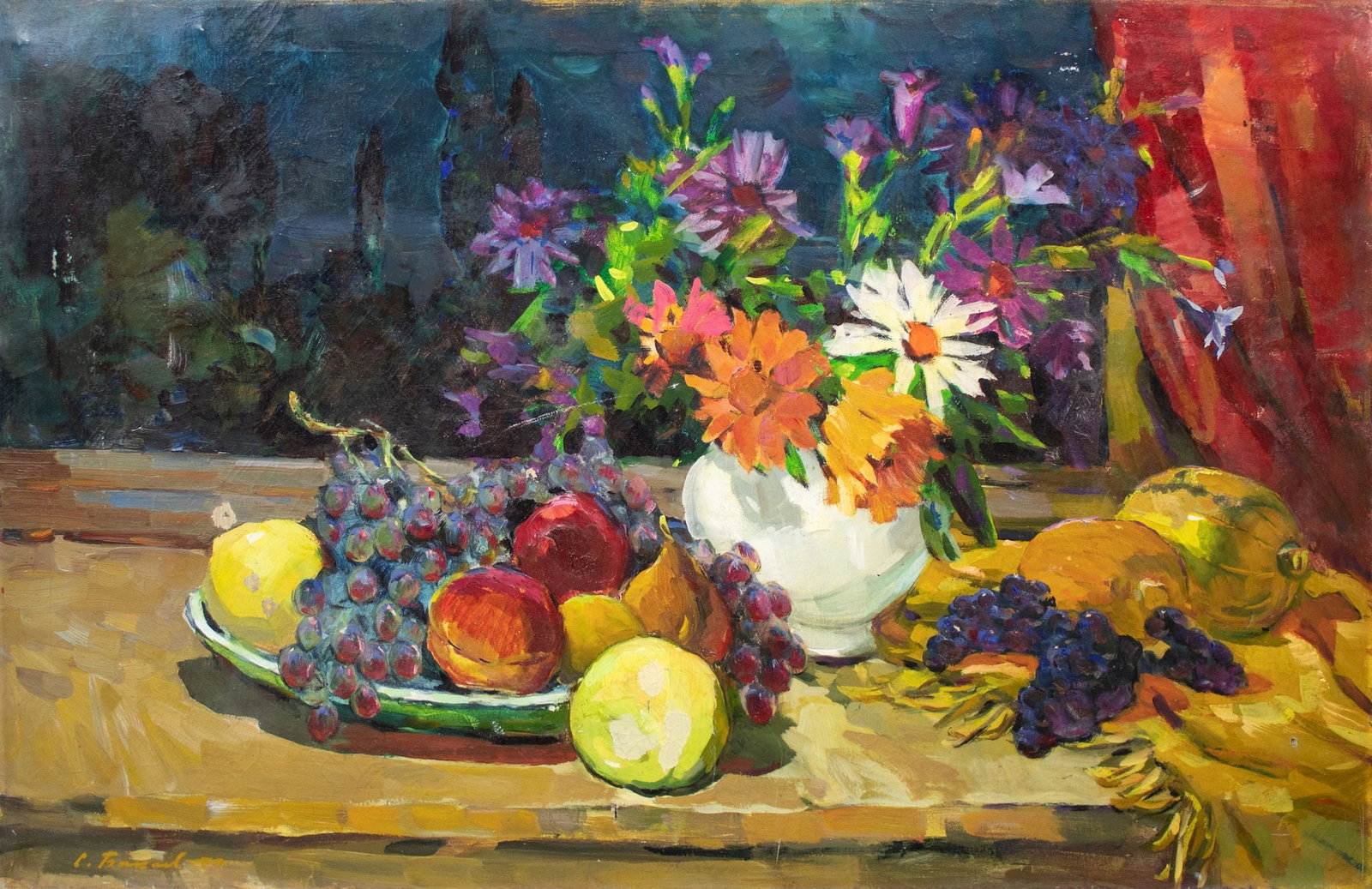 Bakaev Sergiy (Ukrainian artist), "Flowers and fruits", oil on canvas: Title: Bakaev Sergiy (Ukrainian artist), "Flowers and fruits", oil on canvas Description: ARTIST: Bakaev Sergiy Ivanovych, Ukrainian artist TITLE: "Flowers and fruits" SIZE: 80 x 120 cm, (31 2/4 x 47 