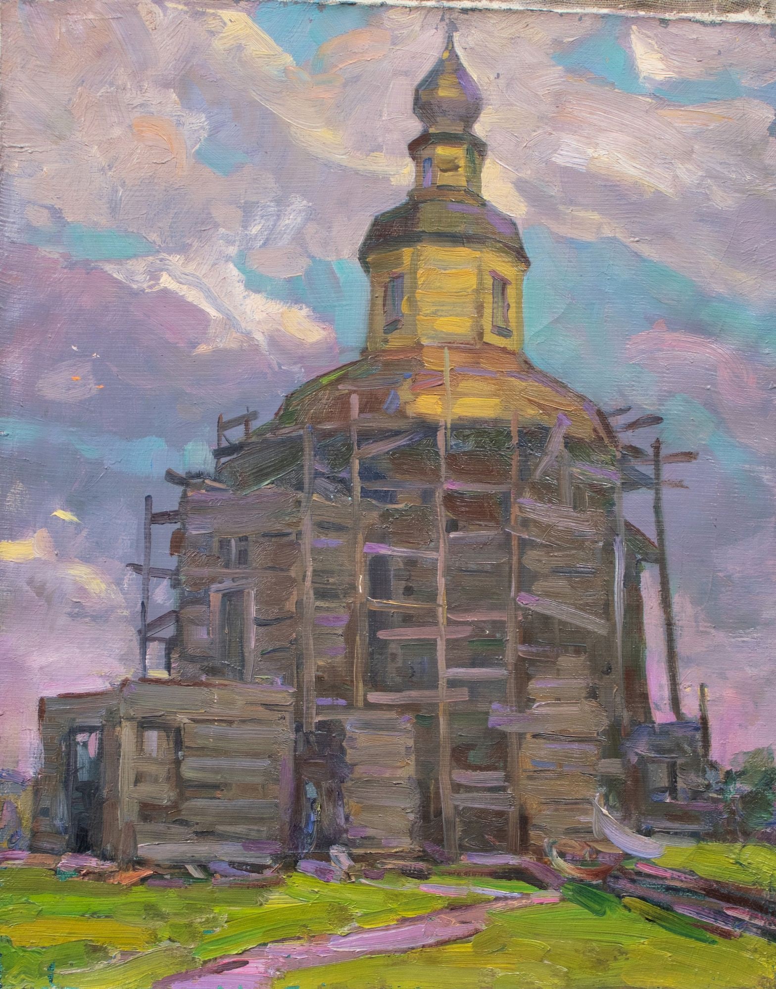 Tyukha Ivan (Ukrainian artist), "Church restoration", oil on canvas: Title: Tyukha Ivan (Ukrainian artist), "Church restoration", oil on canvas Description: ARTIST: Tyukha Ivan Andriyovich, Ukrainian artist TITLE: "Church restoration" SIZE: 59 x 47 cm, (23 1/4 x 18 2/4