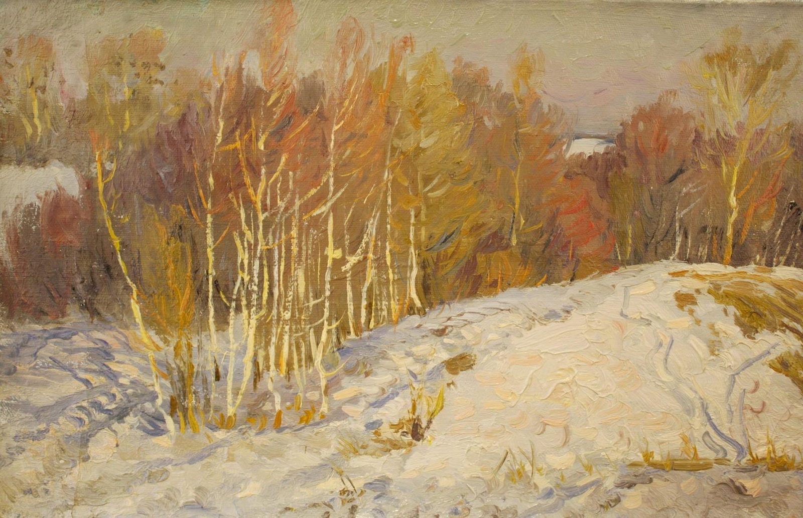 Mynka Olexandr (Ukrainian artist), "Winter sun", oil on canvas: Title: Mynka Olexandr (Ukrainian artist), "Winter sun", oil on canvas Description: ARTIST: Mynka Olexandr Fedorovich, Ukrainian artist TITLE: "Winter sun" SIZE: 35 x 55 cm, (13 3/4 x 21 3/4 in.) MEDIU