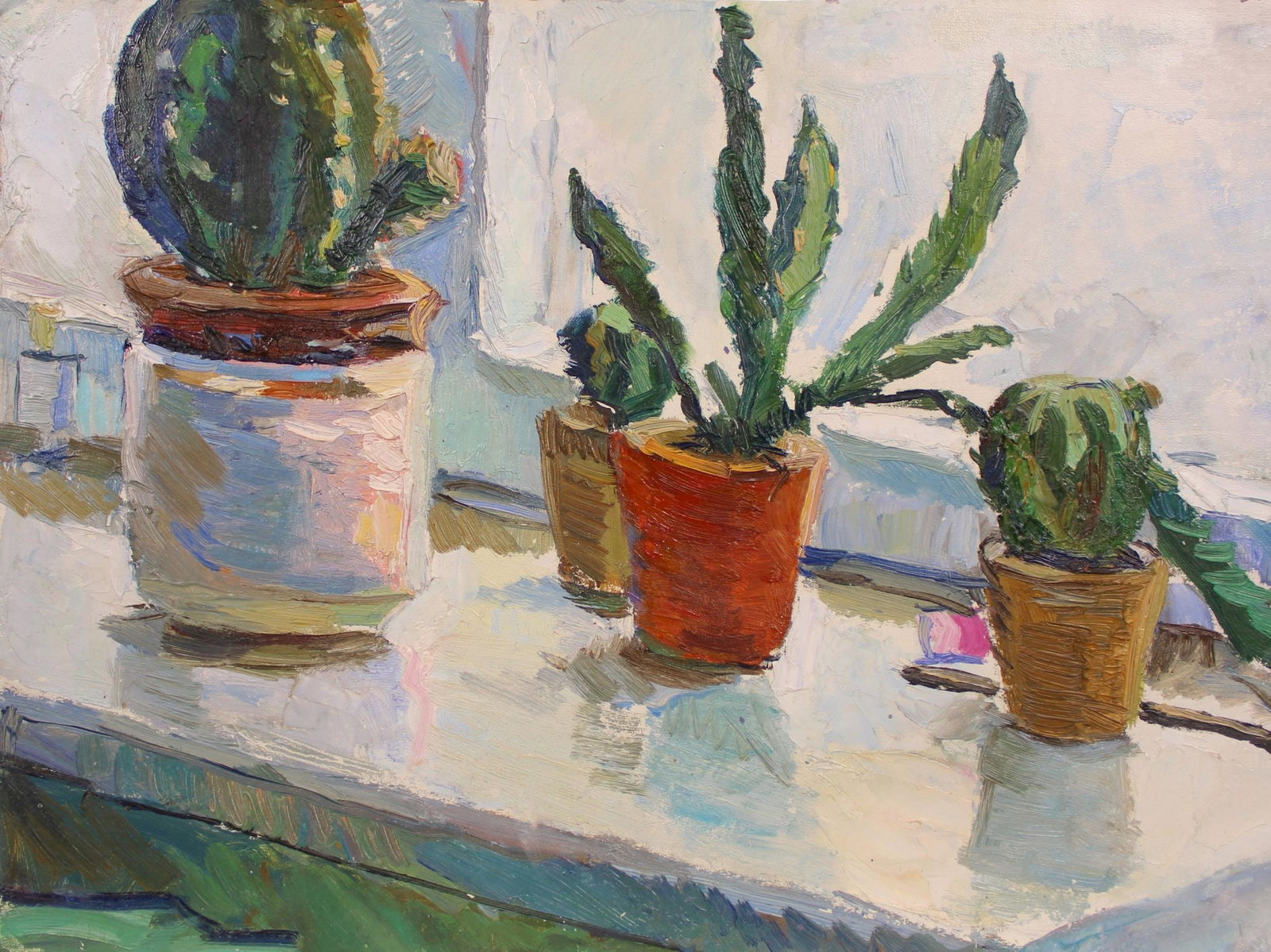 Tyukha Ivan (Ukrainian artist), "Cacti", oil on cardboard: Title: Tyukha Ivan (Ukrainian artist), "Cacti", oil on cardboard Description: ARTIST: Tyukha Ivan Andriyovich, Ukrainian artist TITLE: "Cacti" SIZE: 35 x 46 cm, (13 3/4 x 18 in.) MEDIUM: oil on cardbo