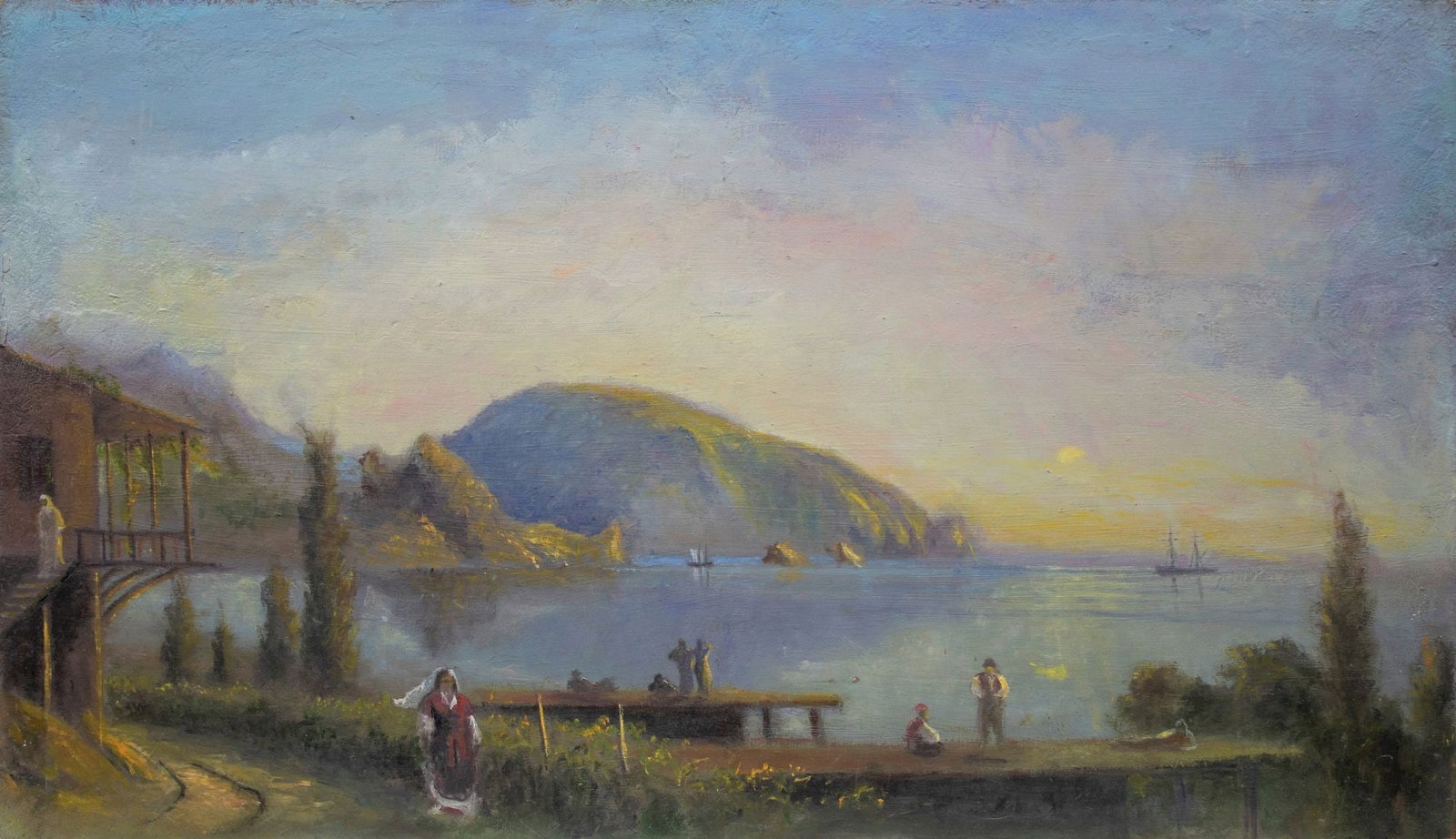 Unidentified (Ukrainian artist), "Rest in the bay", oil on cardboard: Title: Unidentified (Ukrainian artist), "Rest in the bay", oil on cardboard Description: ARTIST: Unidentified Artist TITLE: "Rest in the bay" SIZE: 34 x 59 cm, (13 2/4 x 23 1/4 in.) MEDIUM: oil on car