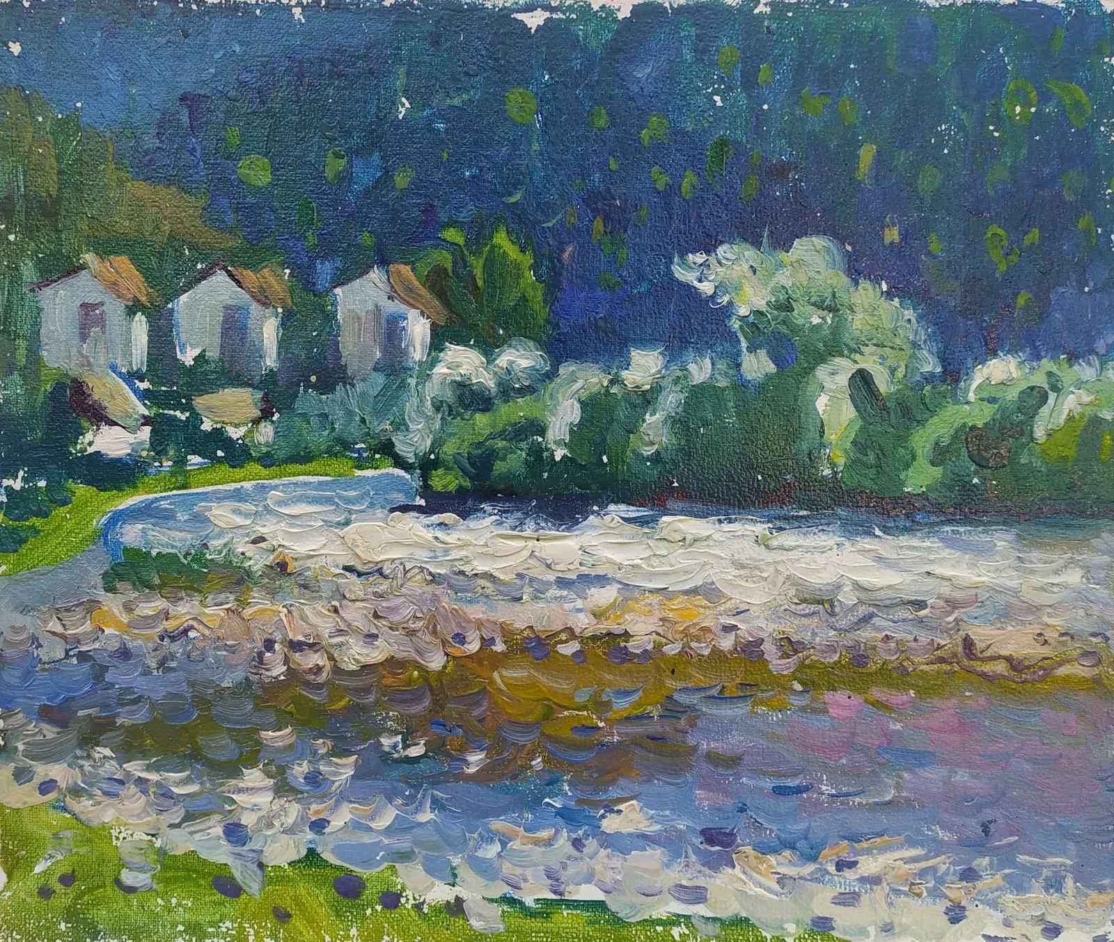 Mynka Olexandr (Ukrainian artist), "By the river", oil on cardboard: Title: Mynka Olexandr (Ukrainian artist), "By the river", oil on cardboard Description: ARTIST: Mynka Olexandr Fedorovich, Ukrainian artist TITLE: "By the river" SIZE: 23 x 26 cm, (9 x 10 1/4 in.) MED