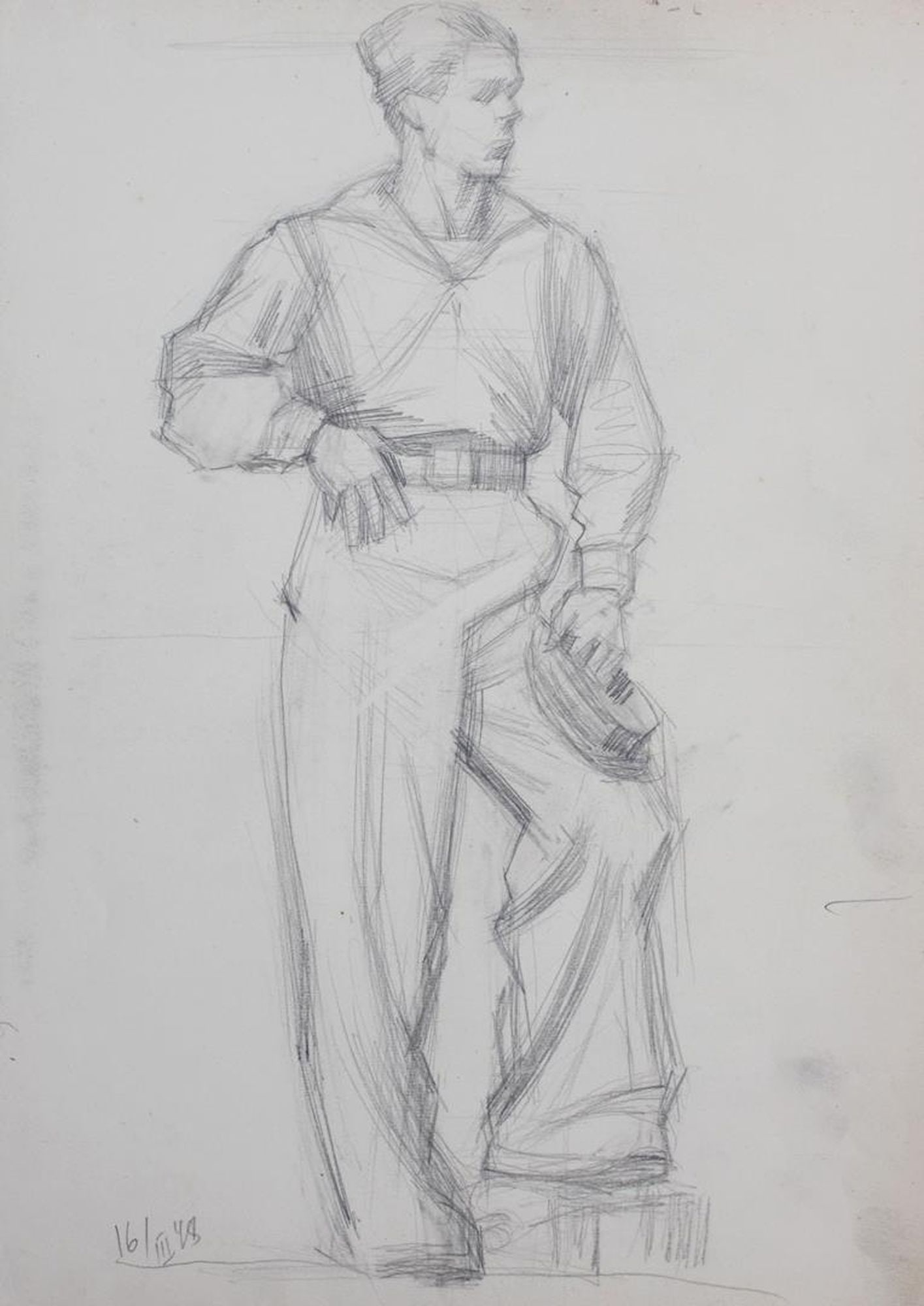 Bizyukov Onufry (Ukrainian artist), "Seaman", pencil on paper: Title: Bizyukov Onufry (Ukrainian artist), "Seaman", pencil on paper Description: ARTIST: Bizyukov Onufry Terentevich, Ukrainian artist TITLE: "Seaman" SIZE: 42 x 30 cm, (16 2/4 x 11 3/4 in.) MEDIUM: 