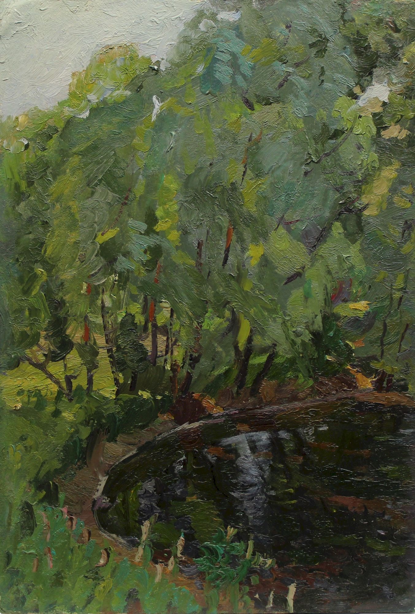 Mynka Olexandr (Ukrainian artist), "Lake", oil on cardboard: Title: Mynka Olexandr (Ukrainian artist), "Lake", oil on cardboard Description: ARTIST: Mynka Olexandr Fedorovich, Ukrainian artist TITLE: "Lake" SIZE: 43 x 30 cm, (17 x 11 3/4 in.) MEDIUM: oil on car
