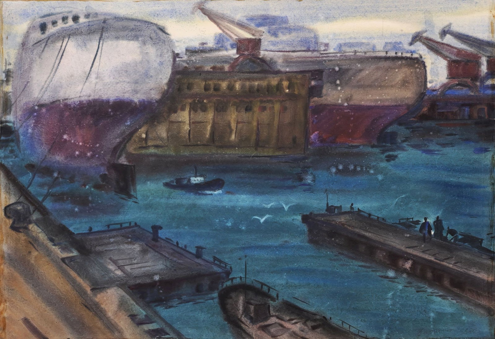 Kirilkov Valentin (Ukrainian artist), "Ship-repair dock", watercolor on paper: Title: Kirilkov Valentin (Ukrainian artist), "Ship-repair dock", watercolor on paper Description: ARTIST: Kirilkov Valentin Feodosievich, Ukrainian artist TITLE: "Ship-repair dock" SIZE: 58 x 83 cm,