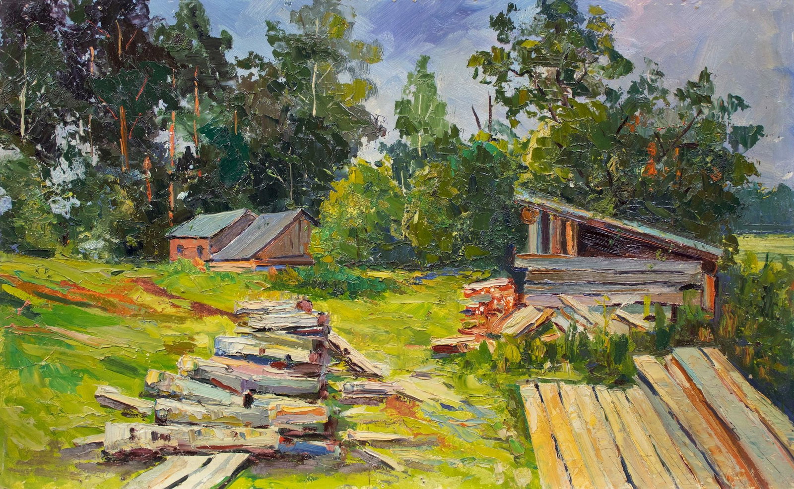 Netrebenko Olexandr (Ukrainian artist), "Yard on the outskirts", oil on cardboard: Title: Netrebenko Olexandr (Ukrainian artist), "Yard on the outskirts", oil on cardboard Description: ARTIST: Netrebenko Olexandr Mykolayovich, Ukrainian artist TITLE: "Yard on the outskirts" SIZE: