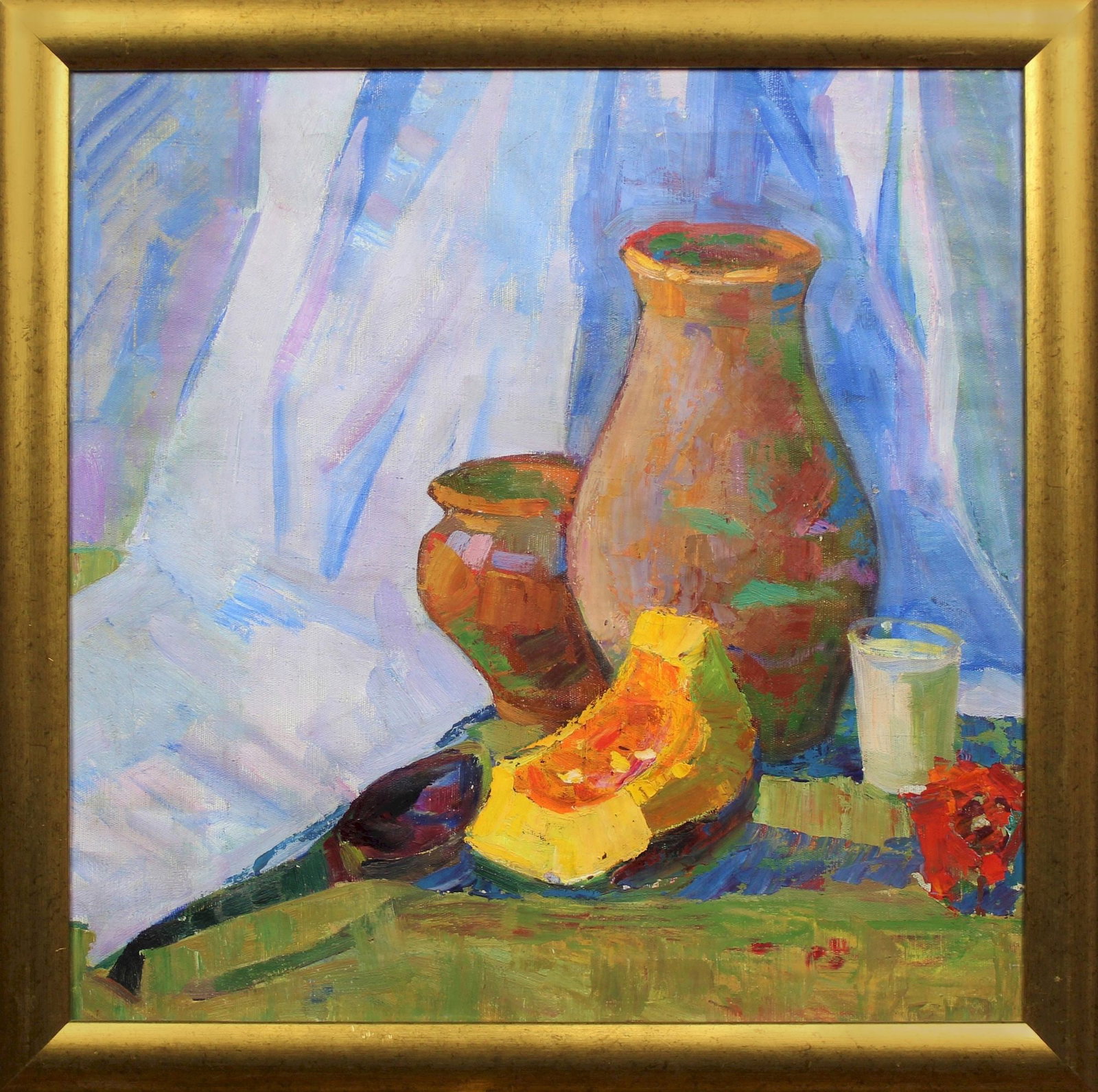 Tyukha Ivan (Ukrainian artist), "Still life with pumpkin", oil on canvas: Title: Tyukha Ivan (Ukrainian artist), "Still life with pumpkin", oil on canvas Description: ARTIST: Tyukha Ivan Andriyovich, Ukrainian artist TITLE: "Still life with pumpkin" SIZE: 60 x 60 cm, (23 2/