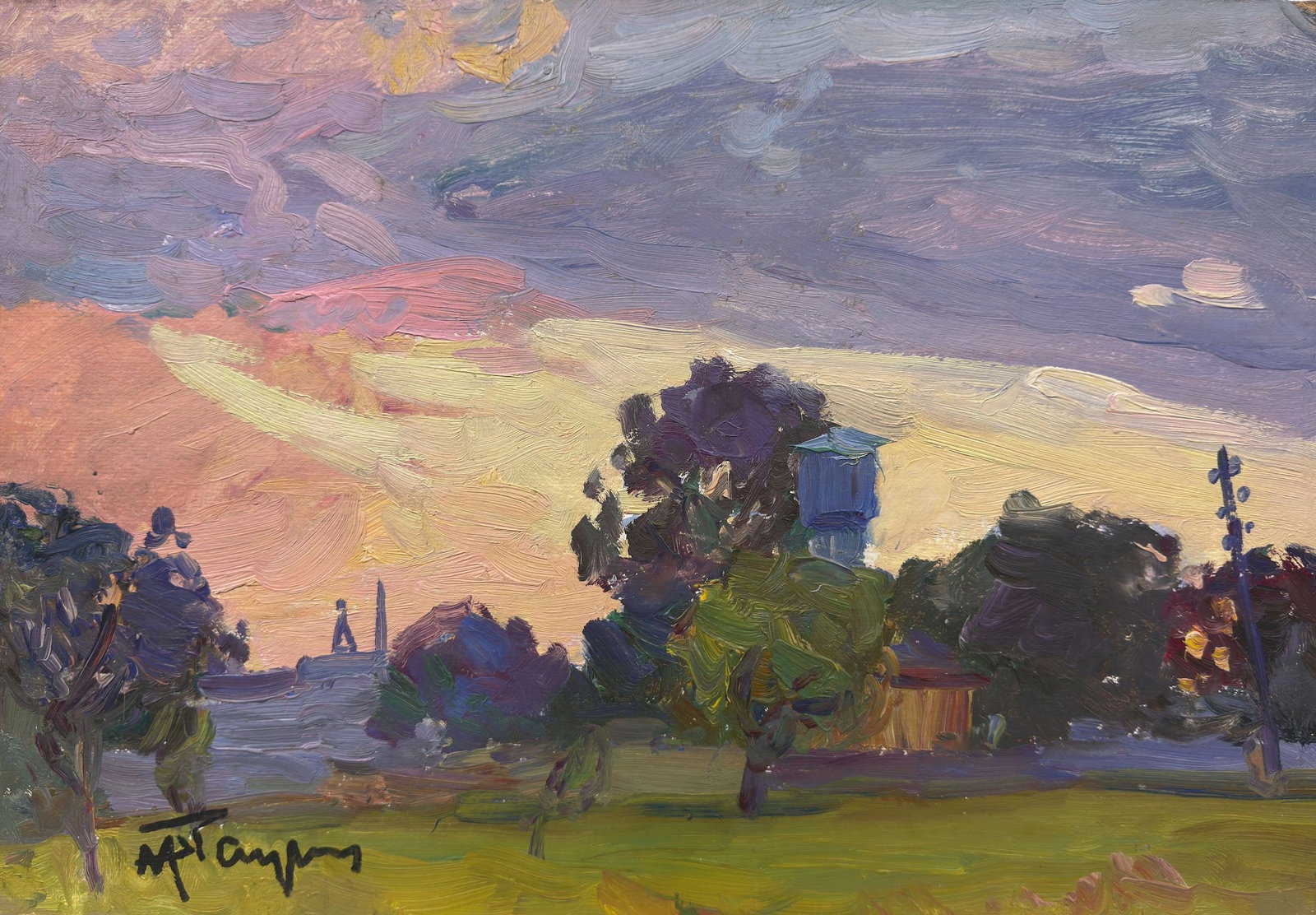 Hantman Moses (Ukrainian artist), "Sunset", oil on cardboard: Title: Hantman Moses (Ukrainian artist), "Sunset", oil on cardboard Description: ARTIST: Hantman Moses Faybovych, Ukrainian artist TITLE: "Sunset" SIZE: 35 x 50 cm, (13 3/4 x 19 3/4 in.) MEDIUM: oil o