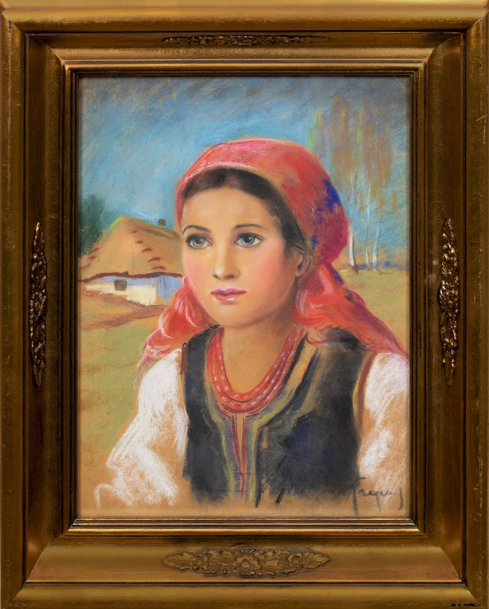Unidentified (Ukrainian artist), "Girl in a red scarf", pastel on paper: Title: Unidentified (Ukrainian artist), "Girl in a red scarf", pastel on paper Description: ARTIST: Unidentified Artist TITLE: "Girl in a red scarf" SIZE: 40 x 30 cm, (15 3/4 x 11 3/4 in.) MEDIUM: pas