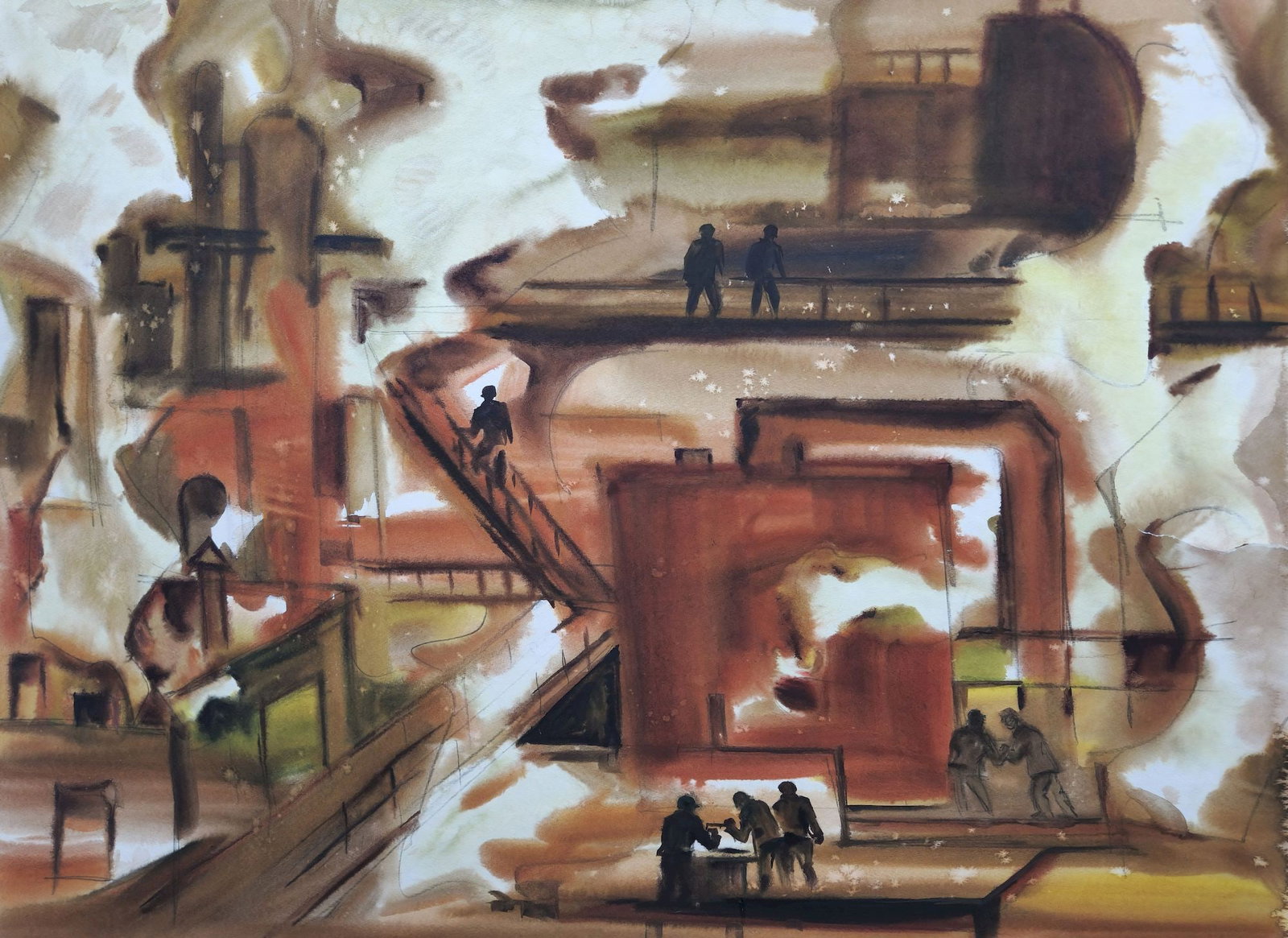 Kirilkov Valentin (Ukrainian artist), "At the factory", watercolor on paper: Title: Kirilkov Valentin (Ukrainian artist), "At the factory", watercolor on paper Description: ARTIST: Kirilkov Valentin Feodosievich, Ukrainian artist TITLE: "At the factory" SIZE: 59 x 83 cm, (23 1