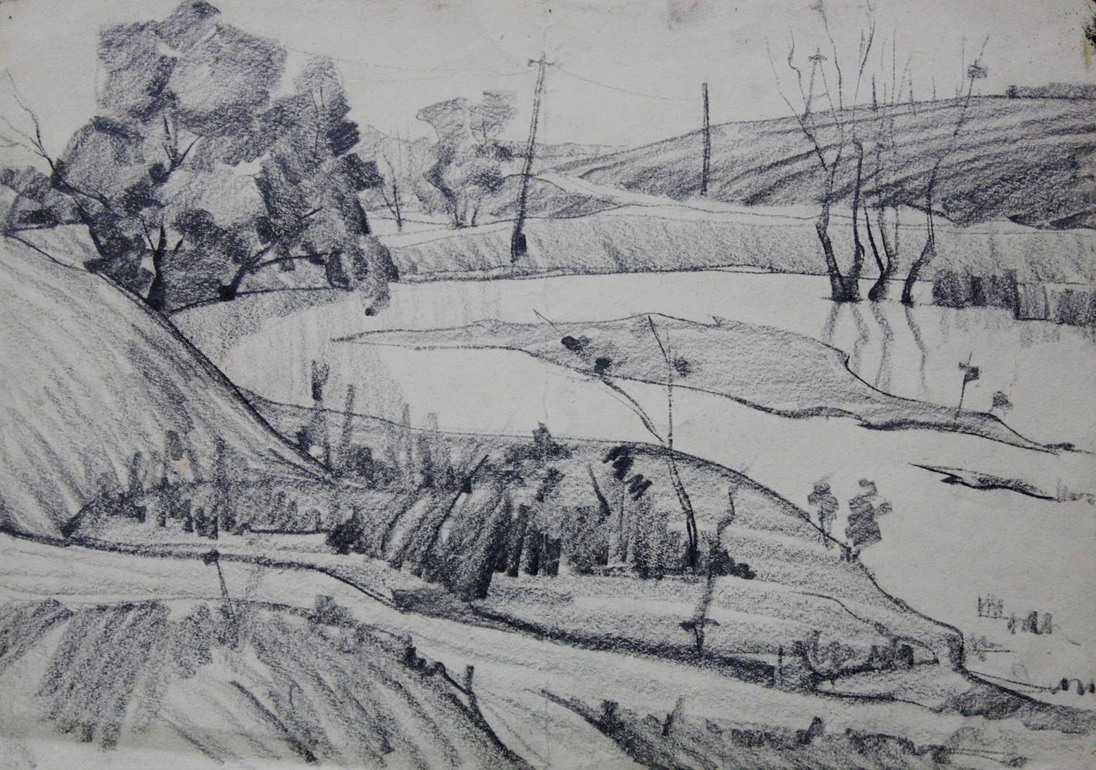 Mynka Olexandr (Ukrainian artist), "Bend of the river", pencil on paper: Title: Mynka Olexandr (Ukrainian artist), "Bend of the river", pencil on paper Description: ARTIST: Mynka Olexandr Fedorovich, Ukrainian artist TITLE: "Bend of the river" SIZE: 26 x 48 cm, (10 1/4 x 1