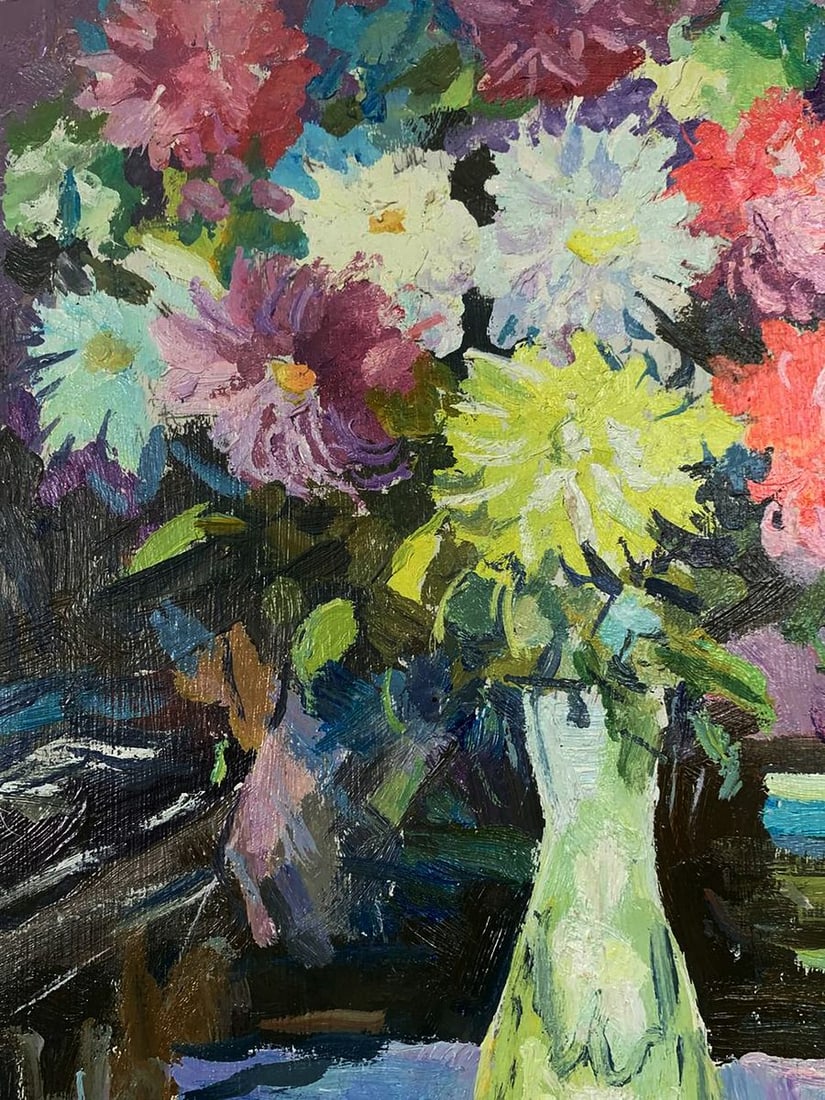Oil painting A bouquet of flowers in a vase Unknown artist - 3