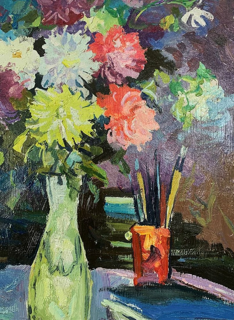 Oil painting A bouquet of flowers in a vase Unknown artist - 4