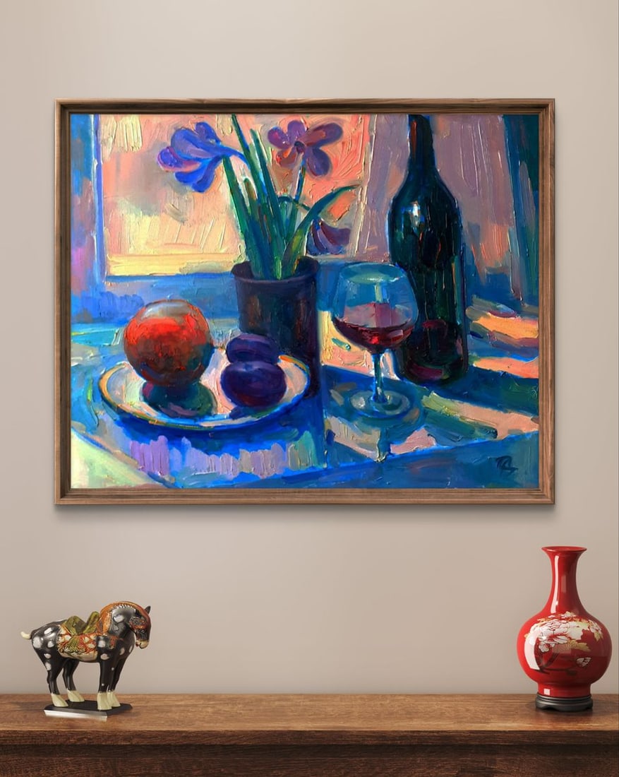 Oil painting Flowers and wine by the window Pavel Dobrev - 2
