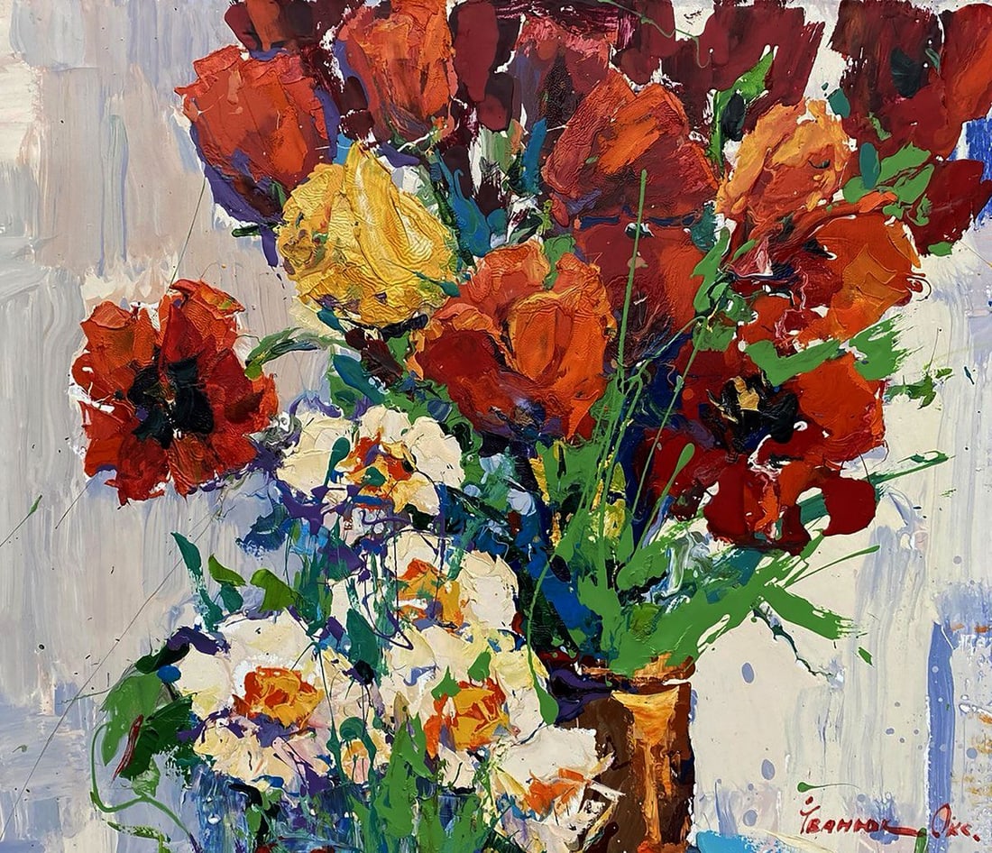 Oil painting A gift of red tulips Oksana Ivanyuk: Title: Oil painting A gift of red tulips Oksana Ivanyuk Description: Kalen 1588The oil painting on Canvas titled "A Gift of Red Tulips" radiates with the vibrant energy of freshly cut blooms, transfor