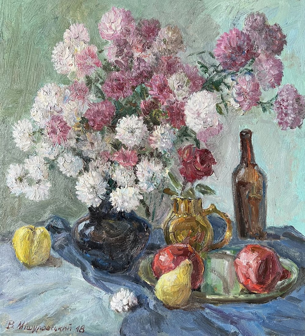 Oil painting Still life with chrysanthemums V. Mishurovsky: Title: Oil painting Still life with chrysanthemums V. Mishurovsky Description: 145"Still Life with Chrysanthemums" by Viktor Myshurovsky presents a lush and vibrant composition that celebrates the ric