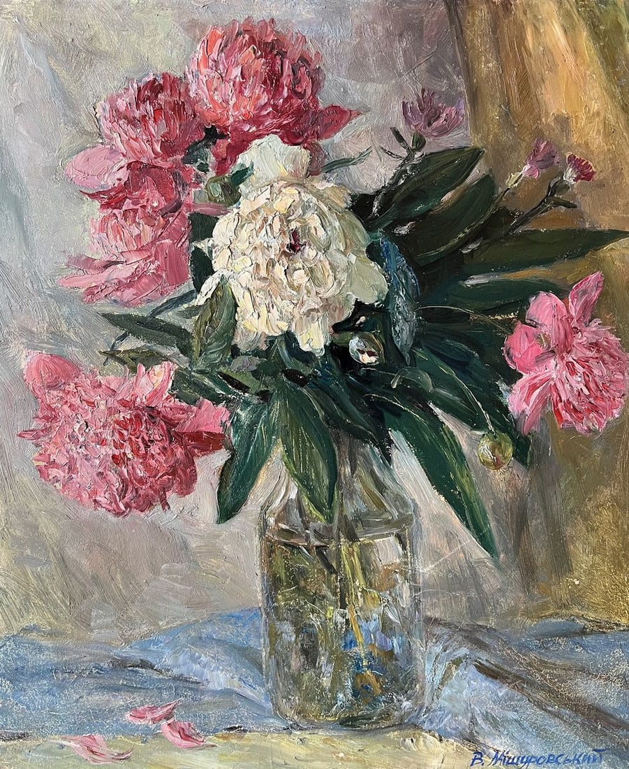 Oil painting Peonies V. Mishurovsky: Title: Oil painting Peonies V. Mishurovsky Description: 146"Peonies" by Viktor Myshurovsky is a striking still life that captures the lush and vibrant beauty of peonies in full bloom. This painting sh