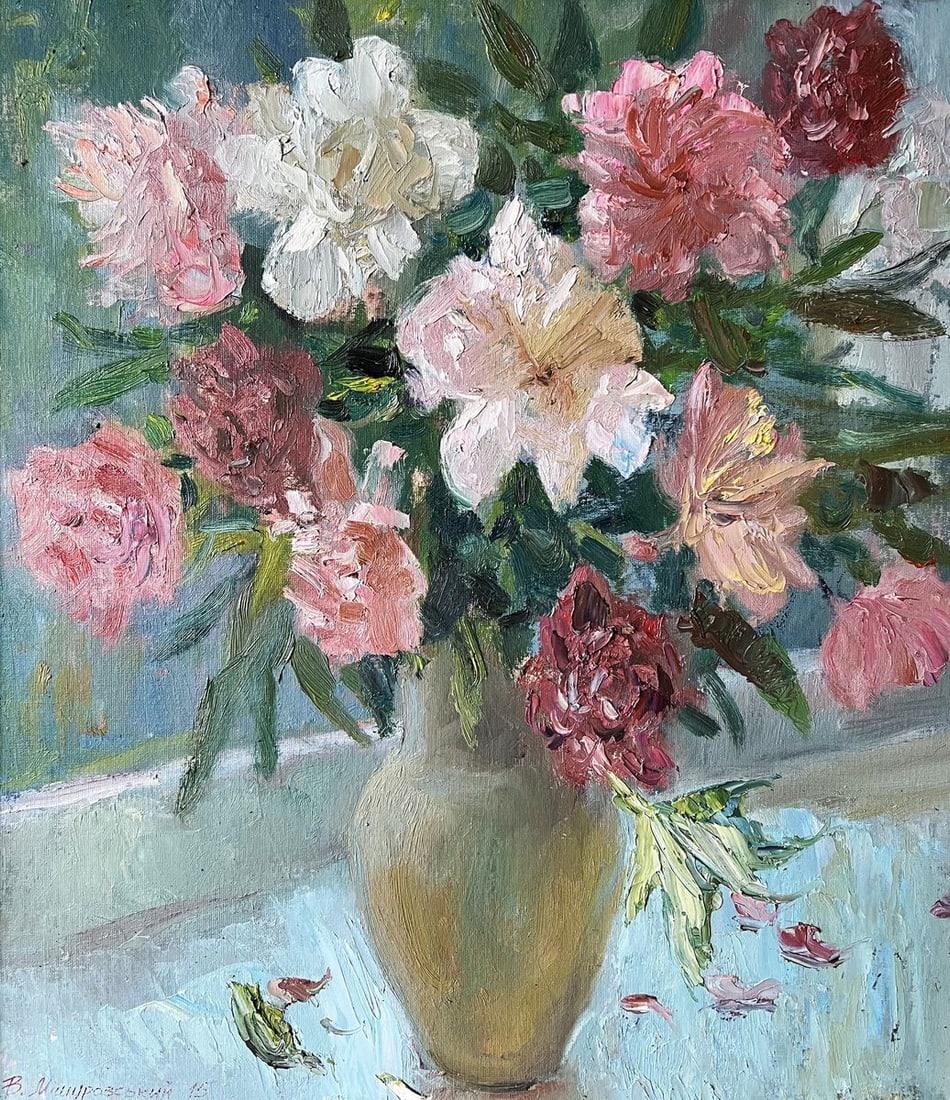 Oil painting Peonies on the windowsill V. Mishurovsky: Title: Oil painting Peonies on the windowsill V. Mishurovsky Description: 156"Peonies on the Windowsill" by Viktor Myshurovsky is a vibrant and intimate still life painting that captures the delicate 