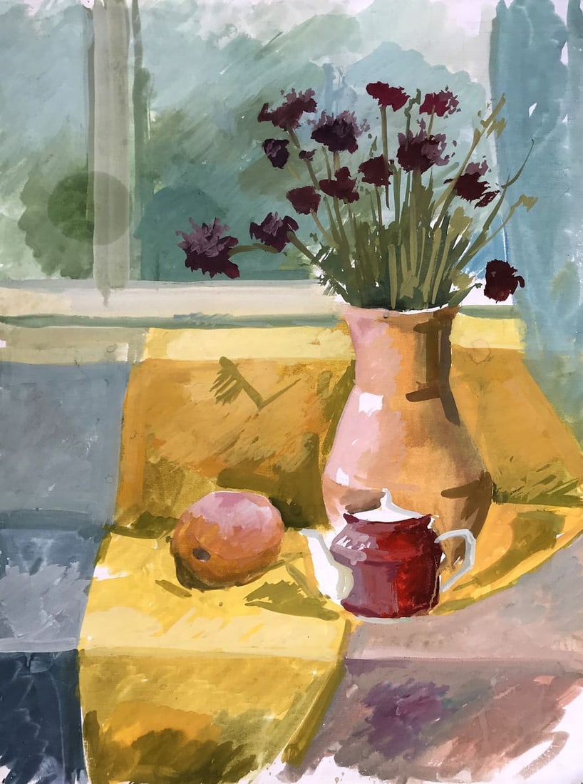 Gouache painting Flowers on the windowsill Unknown artist: Title: Gouache painting Flowers on the windowsill Unknown artist Description: AAA2742 The painting in gouache is a beautiful still life that captures the essence of a peaceful home. At the center of t
