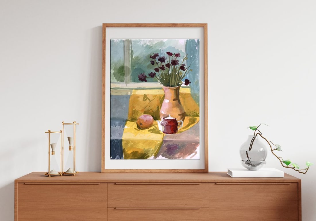 Gouache painting Flowers on the windowsill Unknown artist - 2