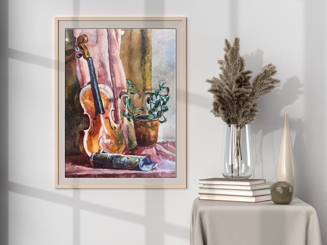 Watercolor painting Musical violin Unknown artist - 3