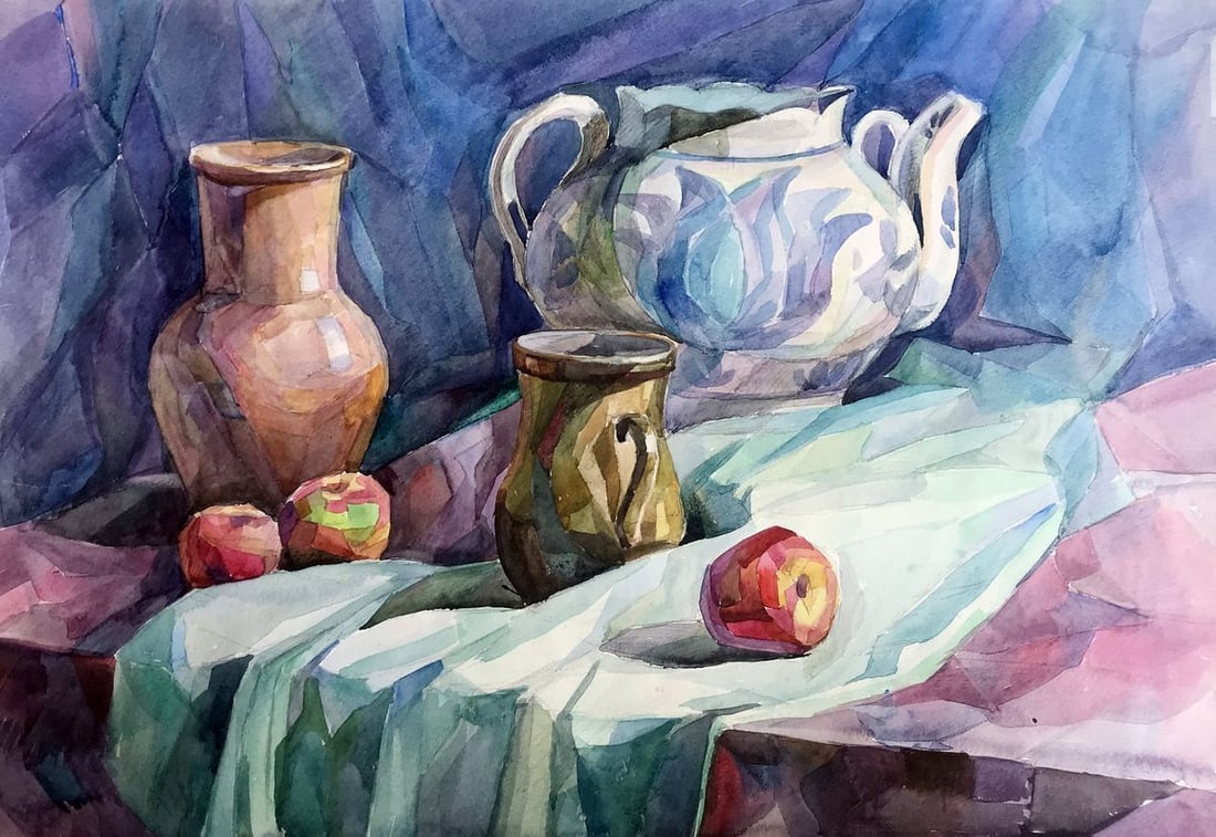 Watercolor painting Tea Party Unknown artist: Title: Watercolor painting Tea Party Unknown artist Description: AAA2754 The watercolor painting depicts a beautiful still life scene, where the objects are carefully arranged on a table against a blu