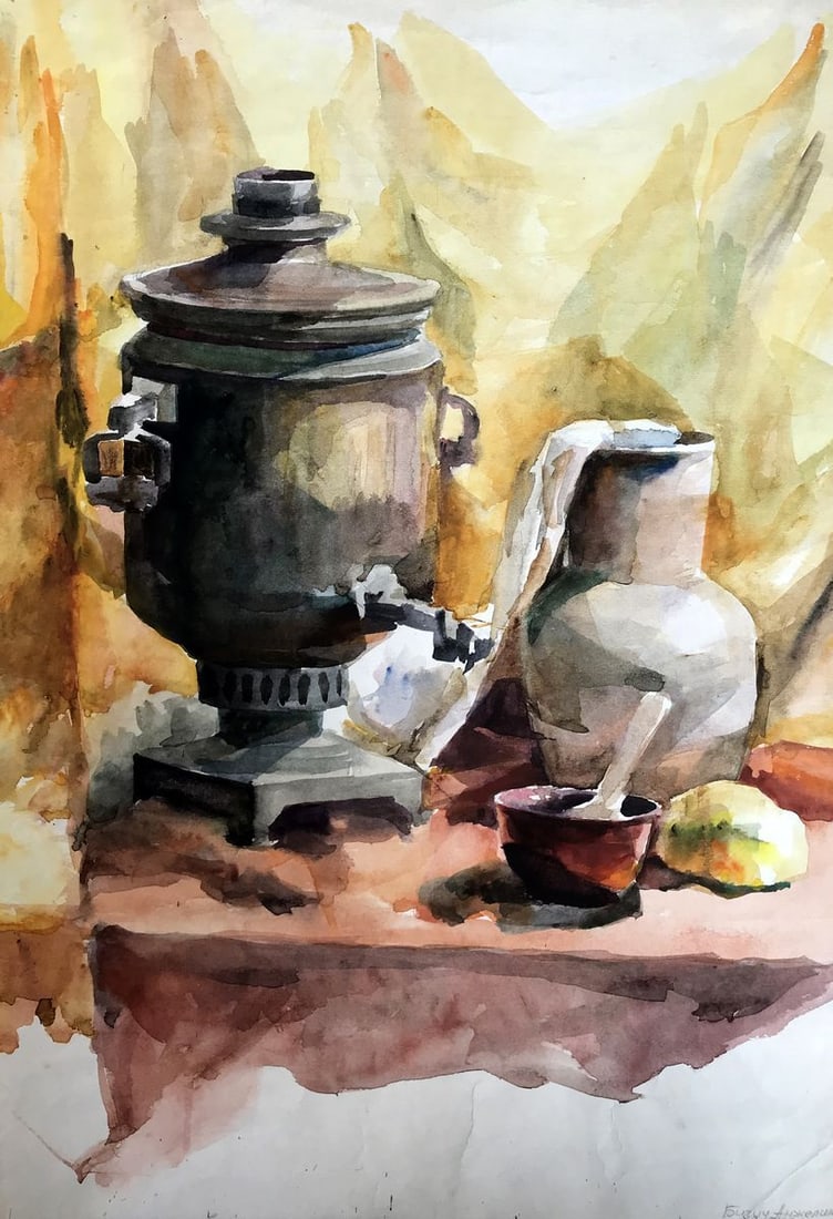Watercolor painting Kettle on the table Unknown artist: Title: Watercolor painting Kettle on the table Unknown artist Description: AAA2757 The watercolor painting depicts a serene still life scene, featuring a vintage gray teapot and a matching gray jug pl
