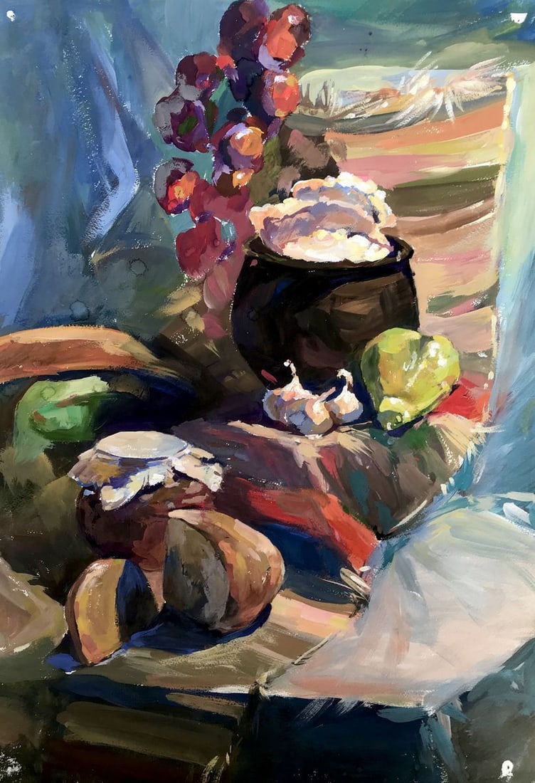 Gouache painting Set the table Unknown artist: Title: Gouache painting Set the table Unknown artist Description: AAA2762 The painting in gouache depicts a beautiful still life scene, capturing a moment frozen in time. At the center of the image, t