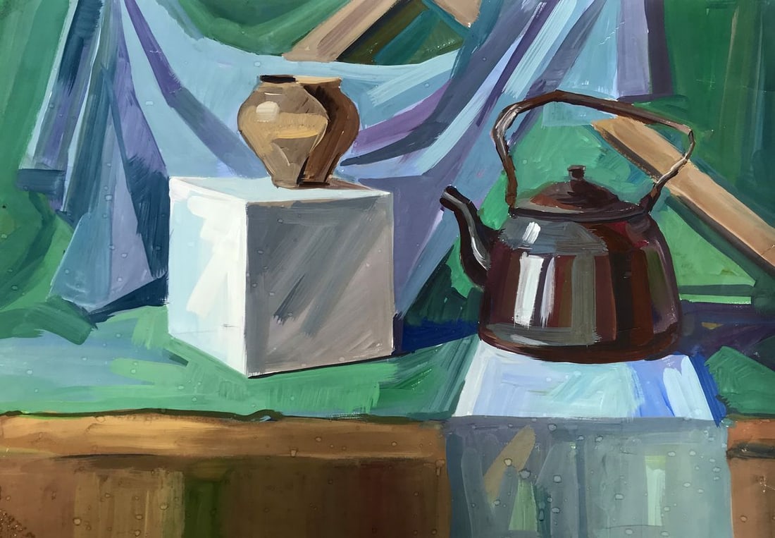 Gouache painting Kettle on the table Unknown artist