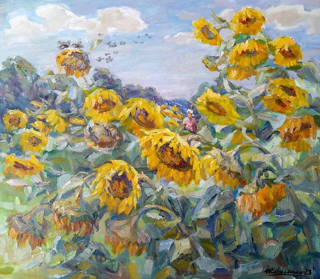 Oi painting Among the sunflowers Kovalenko Ivan Mikhailovich